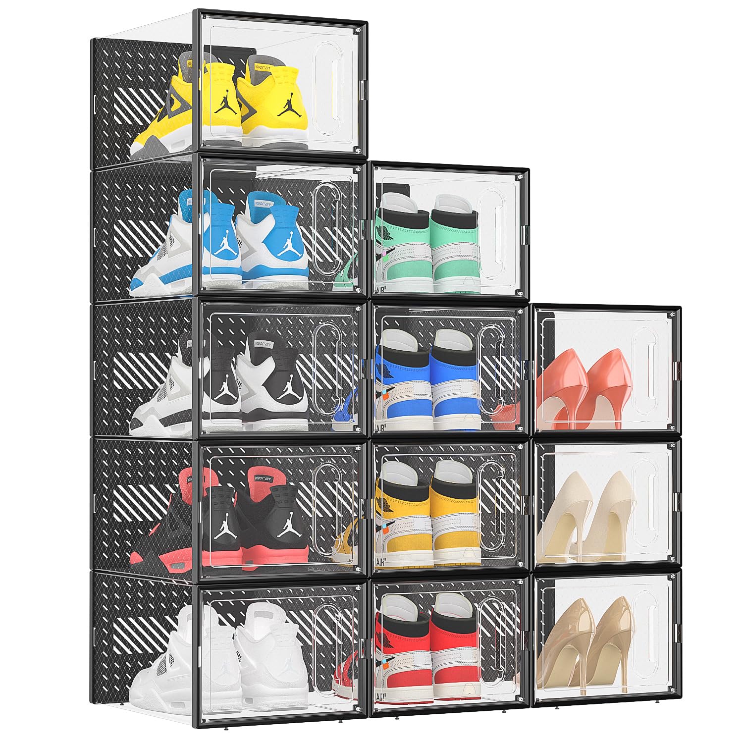 eWonLife 12-Pack X-Large Clear Plastic Stackable Shoe Storage Boxes with Magnetic Door - Organizer for Sneakers, Boots & Heels up to Size 12 - Space-Saving Closet & Entryway Shoe Rack System for Home Organization