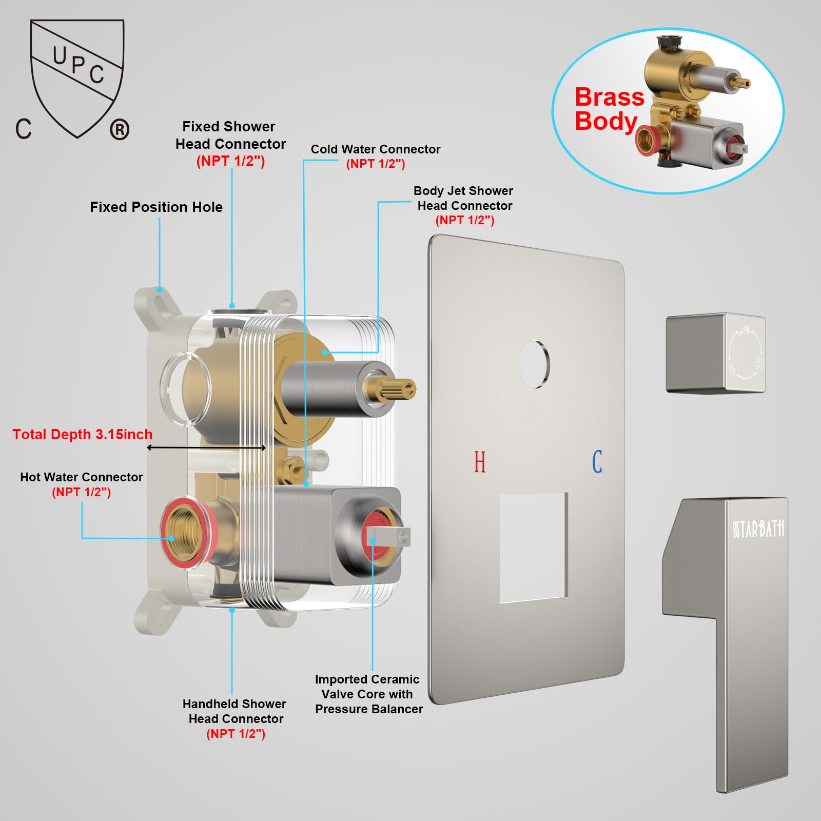 **STARBATH 12 Inch Rain Shower System with Body Jets - Powerful Rainfall & Handheld Spray Shower Set - Brushed Nickel Concealed Rough-in Mixer Valve - Perfect for Spa-Like Luxury Bathroom Experience**