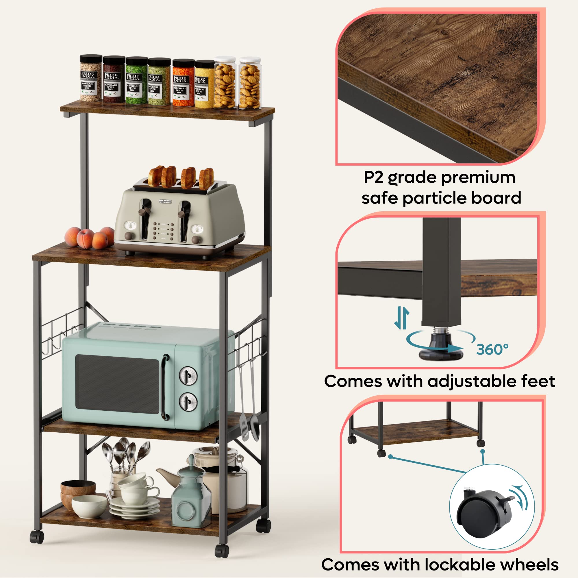 Bestier Kitchen Bakers Rack with Microwave Stand - 3-Tier Rolling Utility Cart with 10 Hooks & Adjustable Feet - Space-Saving Storage Shelf for Small Kitchens, Pantry Organization & Baking Supplies Storage