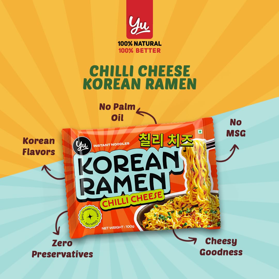 Yu Foodlabs Spicy Korean Ramen with Cheese - 4 Pack (100g x 4) | No MSG, Preservative-Free | 100% Natural Vegan Instant Noodles | Ready in 6 Minutes - Perfect for Quick Meals, Late-Night Snacks & College Dorm Cooking