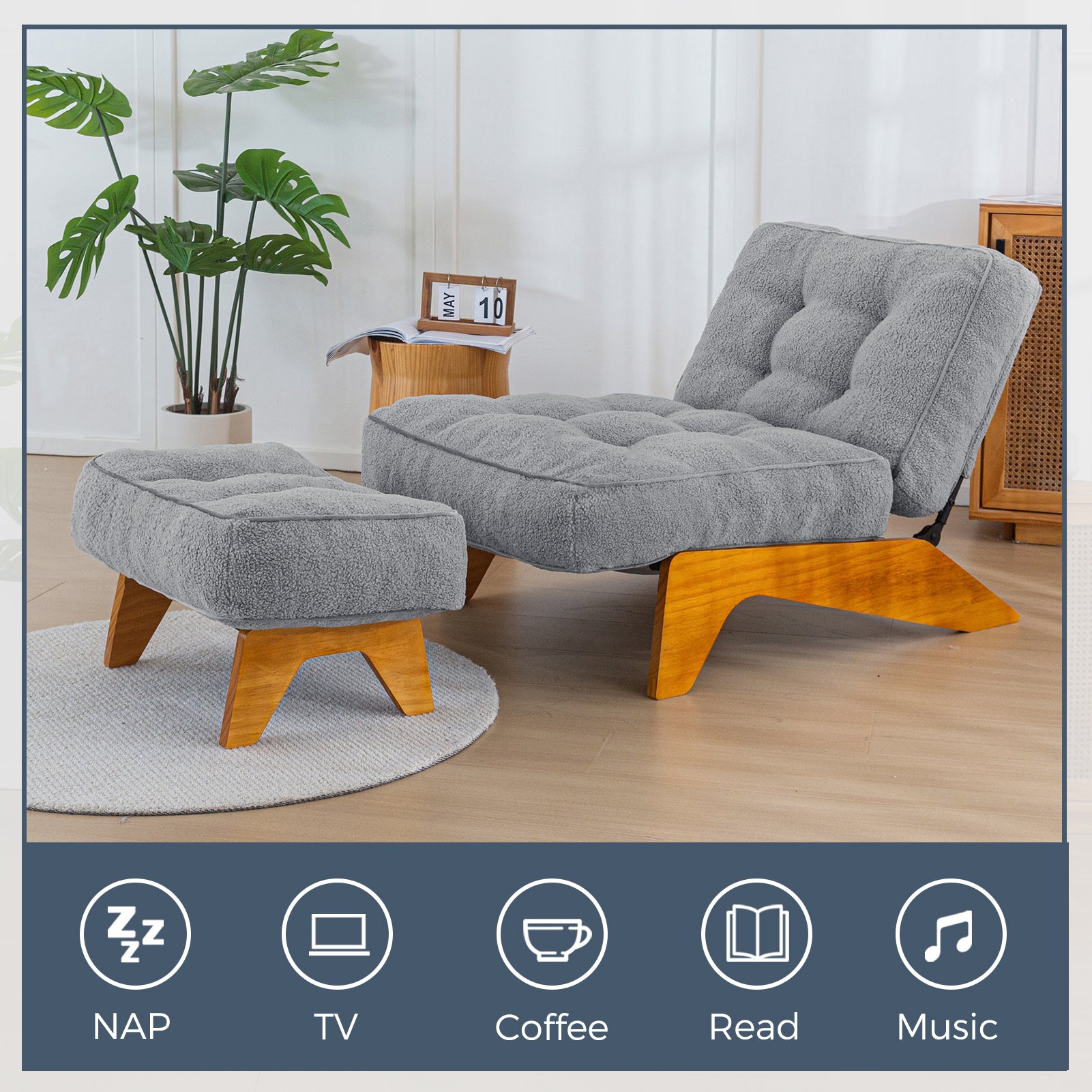 MAXYOYO Adjustable Accent Chair with Ottoman - Boucle Tufted Lounge Chair Set in Grey | Modern Living Room Furniture for Relaxing & Reading | Perfect for Home Office, Bedroom or Apartment Decor