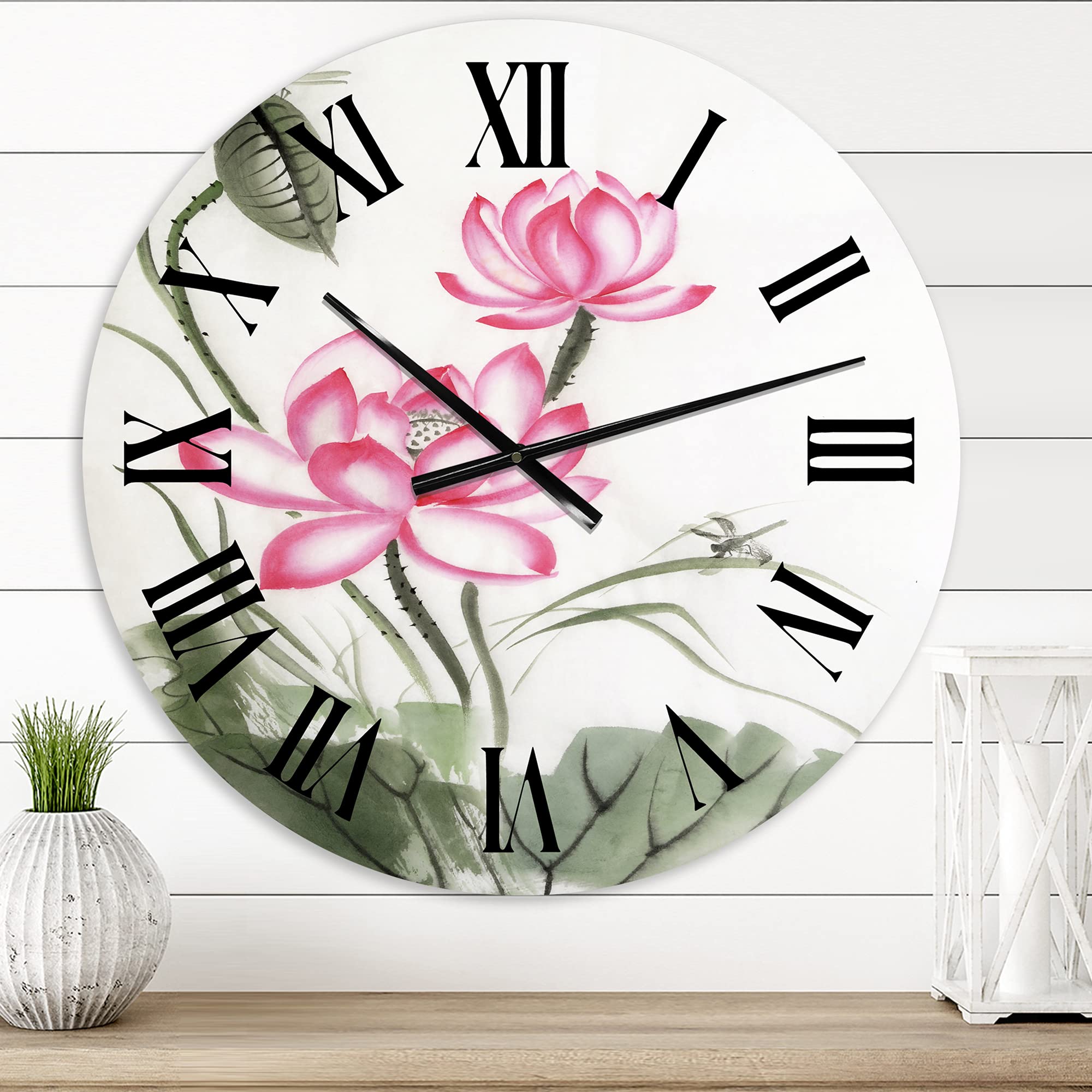 DesignQ Traditional Wall Clock 'Lotus and The Dragonfly I' - Large Floral & Botanical Wall Clock for Kitchen, Living Room, Bedroom Decor - Perfect for Home, Office, and Gift Giving