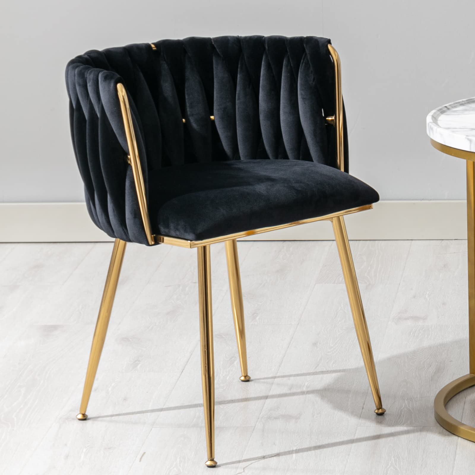 Modern Velvet Dining Chair with Woven Backrest & Gold Metal Legs - Upholstered Accent Chair for Living Room, Kitchen, Vanity or Dining Area - Comfortable Lounge Chair in Black (Perfect for Entertaining, Home Office & Small Spaces)