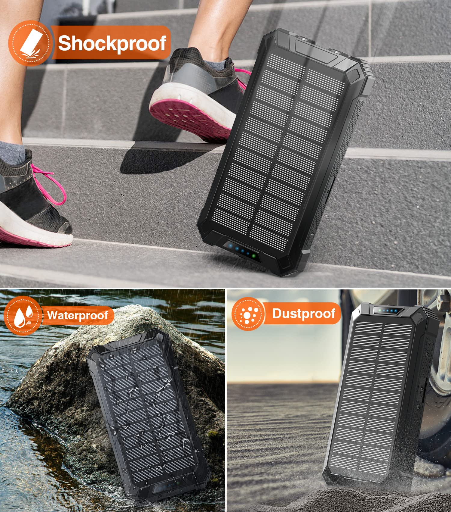 36000mAh Wireless Power Bank with 15W Fast Charging - Built-in 4 Cables & 6 Outputs for iPhone, Samsung, Android Devices | Solar Portable Charger with Dual Flashlights & Carabiner Clip | Perfect for Camping, Travel, and Emergency Power Backup