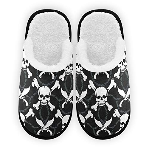 Comfortable Cotton Travel Slippers for Women & Men - Warm Terry Cloth Closed-Toe House Shoes with Fashion Skull Chain Sword Print - Perfect for Indoor, Airplane & Home Use