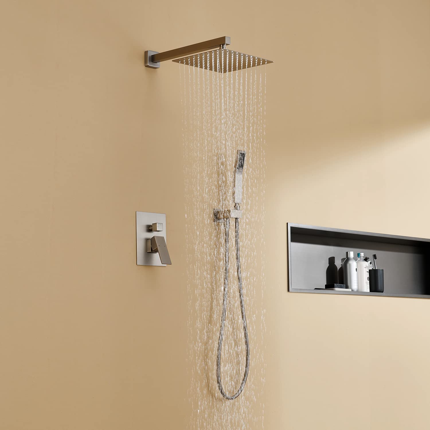 10 Inch Brushed Nickel Rain Shower System Combo - Wall Mount Bathroom Faucet with Rainfall Shower Head & Handheld Shower - Perfect for Luxury Spa-Like Bathroom Experience