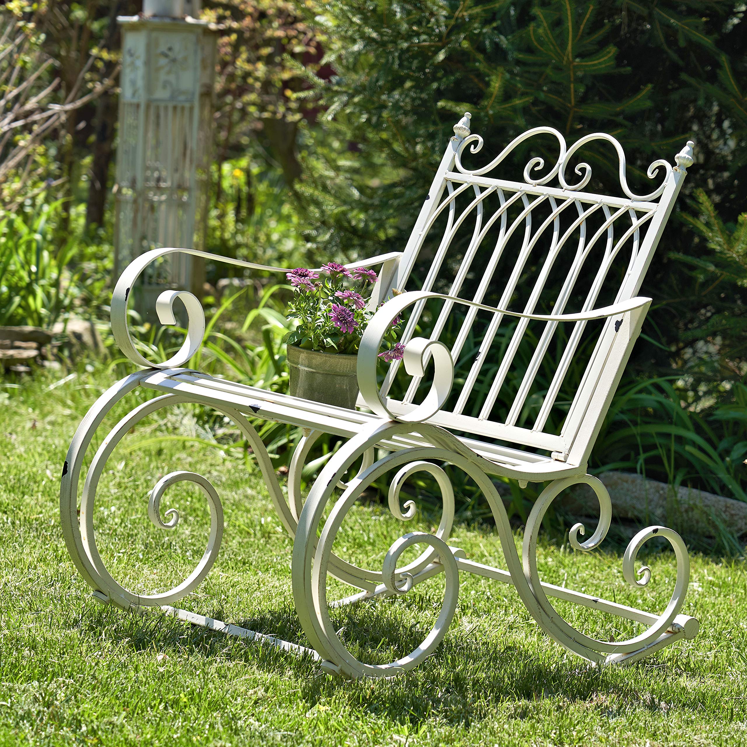 Zaer Ltd. Outdoor Metal Rocking Arm Chair - Antique White Patio Rocking Bench for Garden, Porch & Backyard Relaxation | Durable All-Weather Furniture for Outdoor Living Spaces