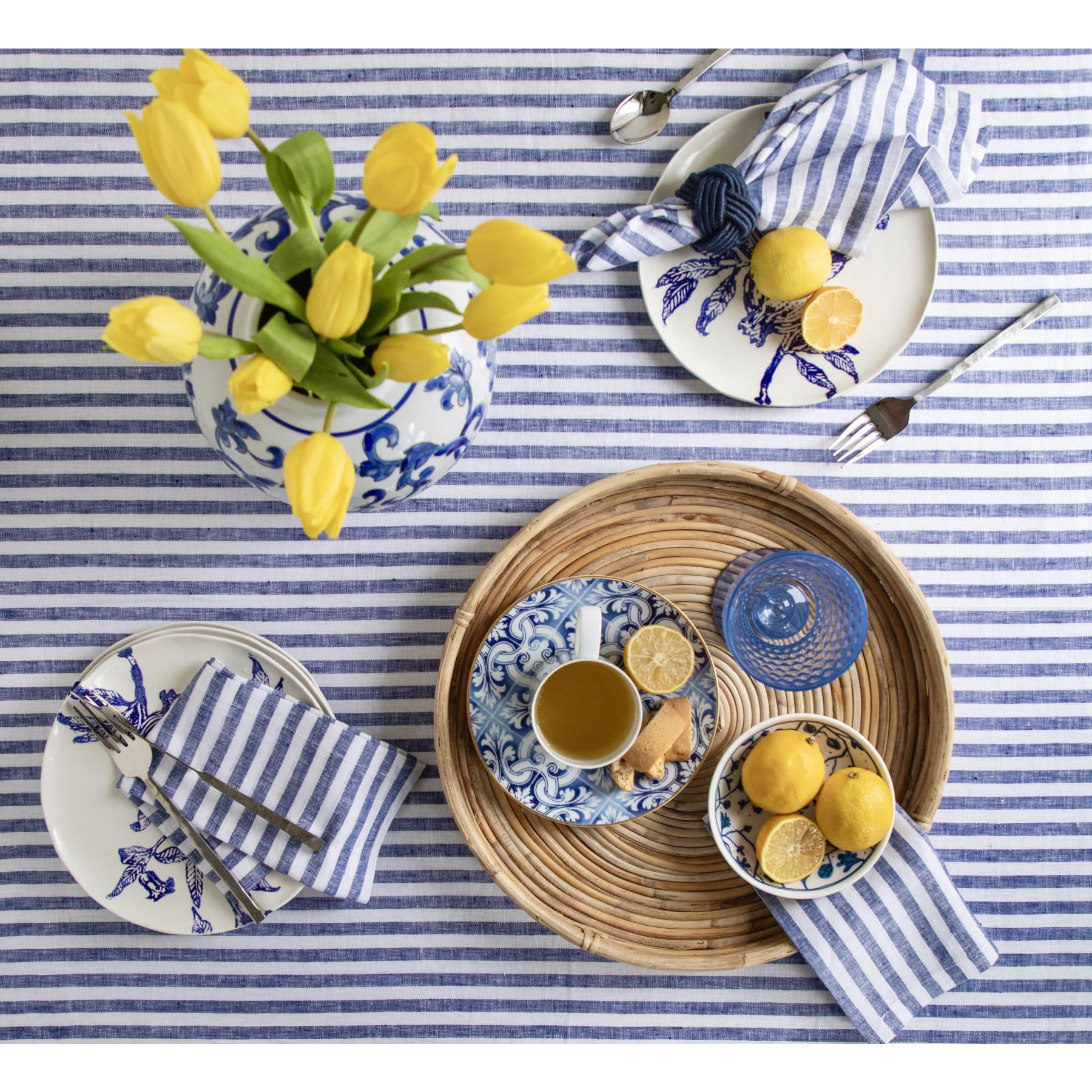 Solino Home 100% Pure Linen Tablecloth 60x108 Inch - Navy & White Striped Dining Table Cloth for Spring, Easter, Mother's Day Decor - Handcrafted, Machine Washable - Perfect for Farmhouse, Coastal, and Rustic Dining Room Decorations