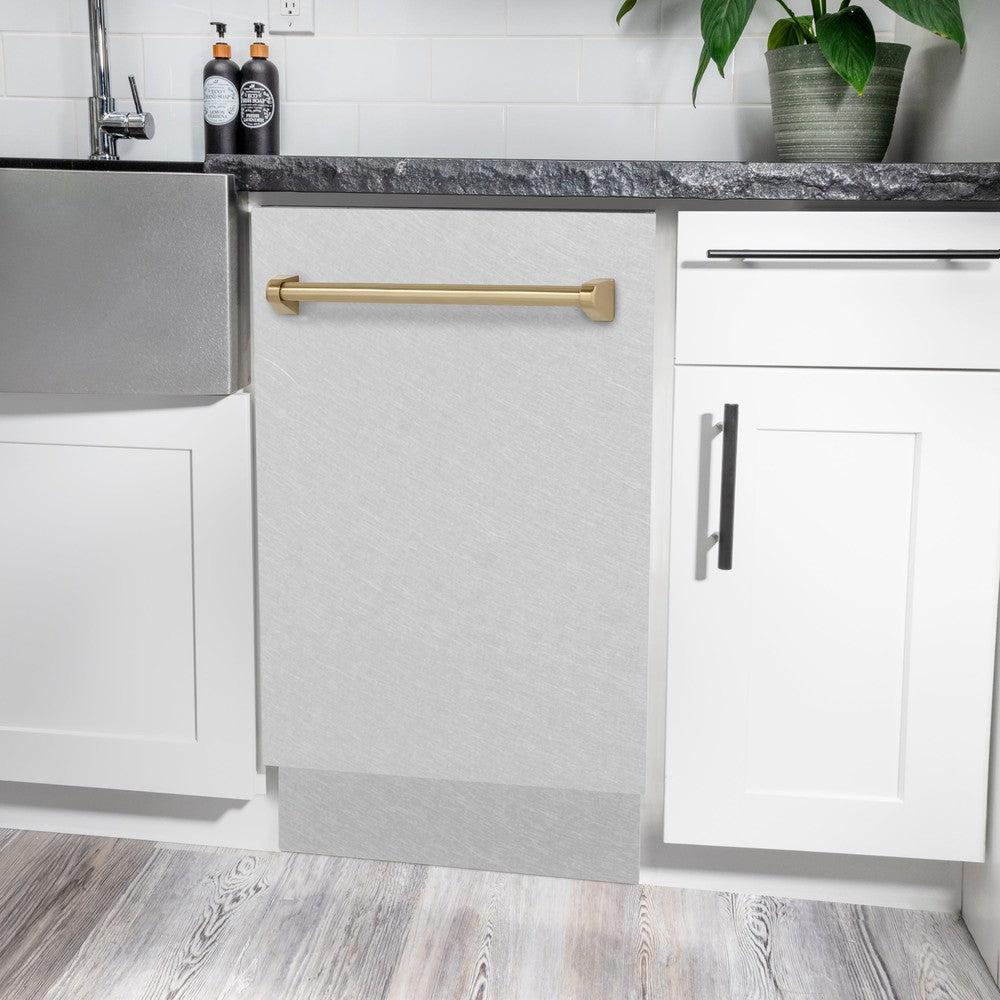 ZLINE Autograph Edition 18-inch Built-In Dishwasher with Satin Stainless Steel Panel & Champagne Bronze Handle - 51dBa Ultra Quiet - Tallac Series 3rd Rack Top Control (DWVZ SN 18 CB) - Perfect for Modern Kitchens and Open-Concept Homes