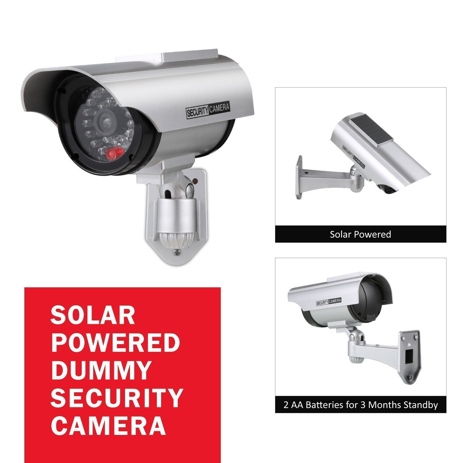 JUSTOP 4 Pack Fake Security Camera Outdoor Indoor Waterproof Dummy CCTV with Realistic LED Light - Solar & Battery Powered Silver - Ideal for Home, Office, and Business Surveillance