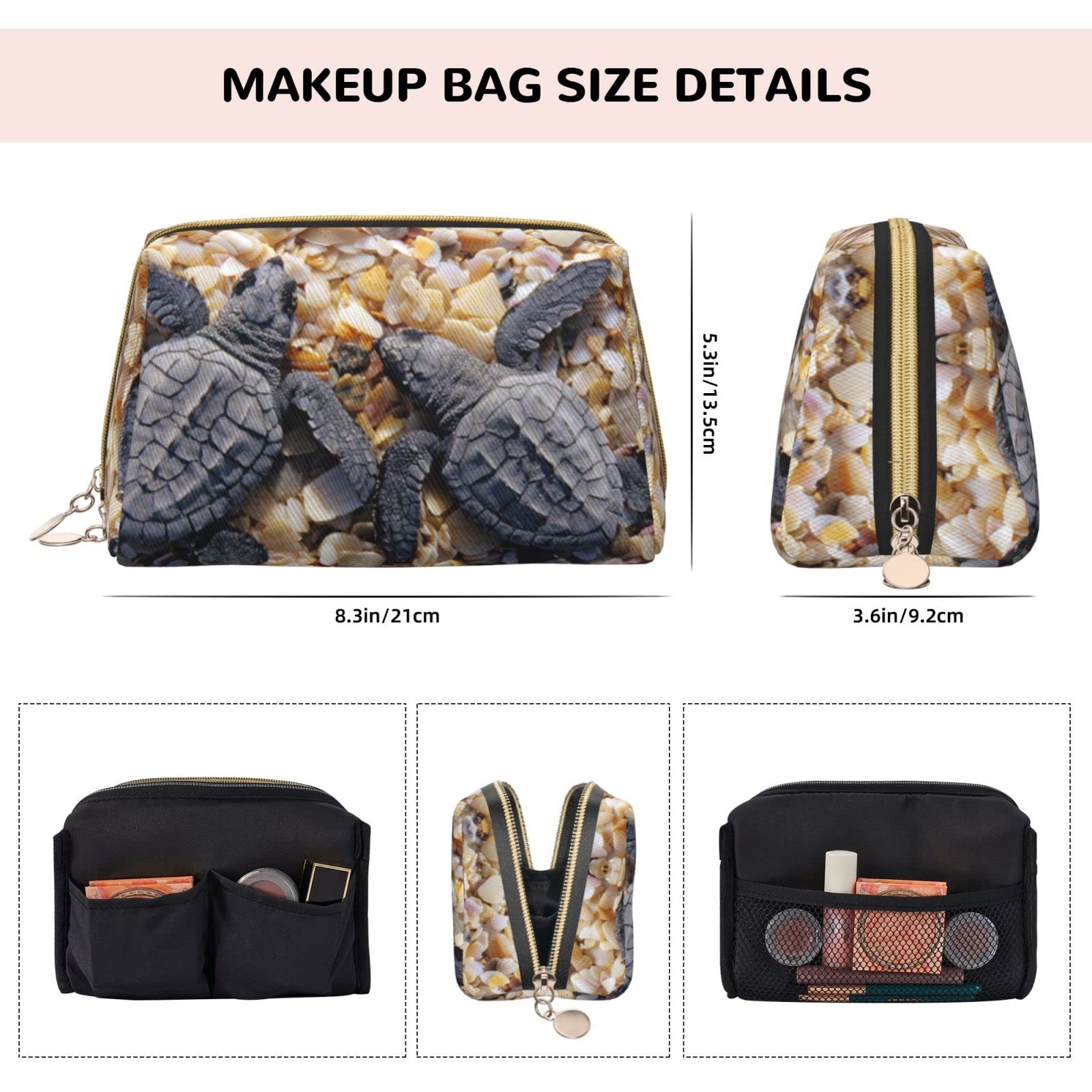 Waterproof Leather Makeup Bag for Women - Large Capacity Travel Cosmetic Organizer with Cute Baby Sea Turtle Beach Design | Perfect for Travel, Gym & Daily Use