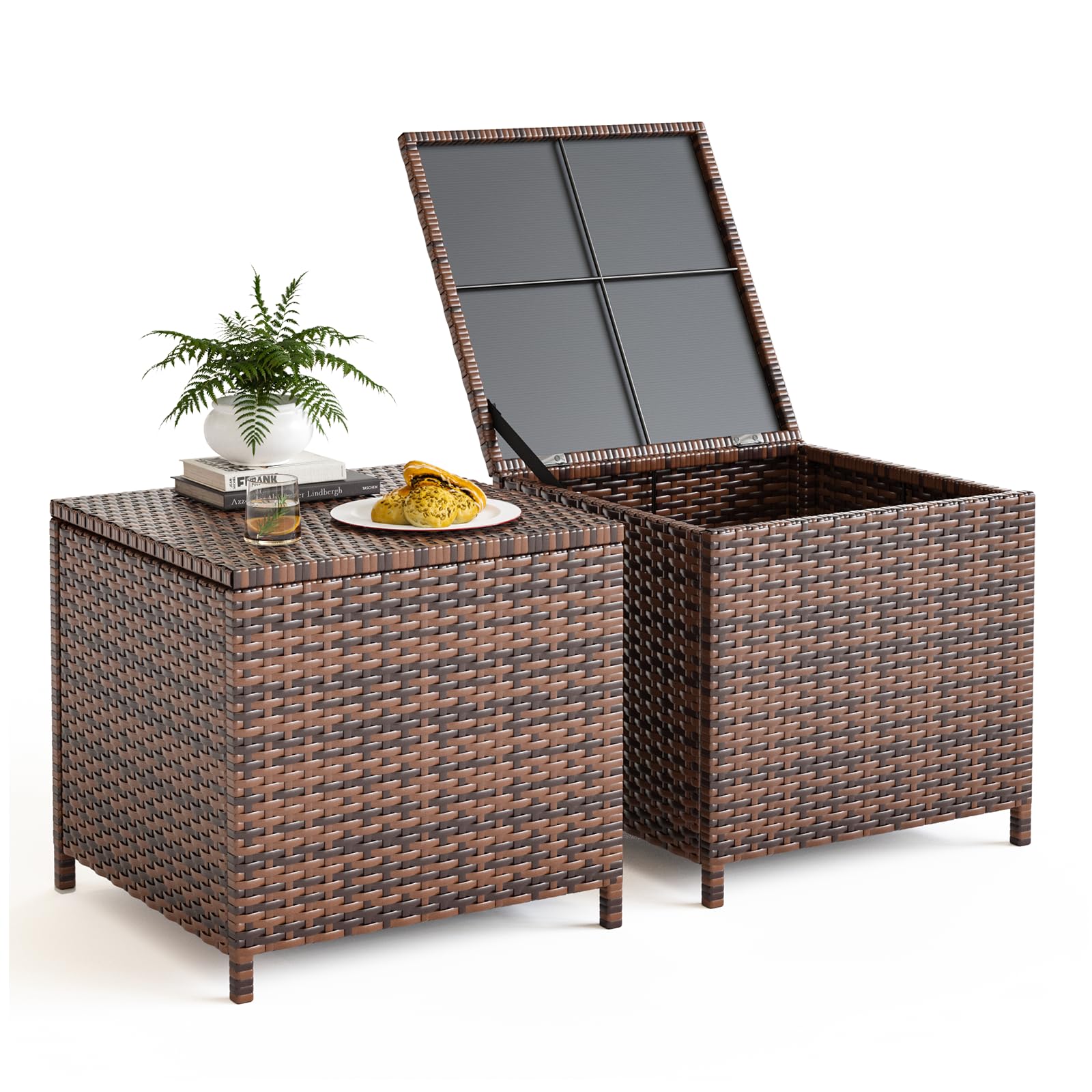 UDPATIO 2-Piece Outdoor Wicker Side Table Set with Storage - Rattan End Tables & Resin Square Coffee Tables for Patio, Backyard, Pool - Perfect for Furniture Covers, Toys, Gardening Tools (Brown) - Ideal for Outdoor Entertaining, Relaxation & Storage Solutions