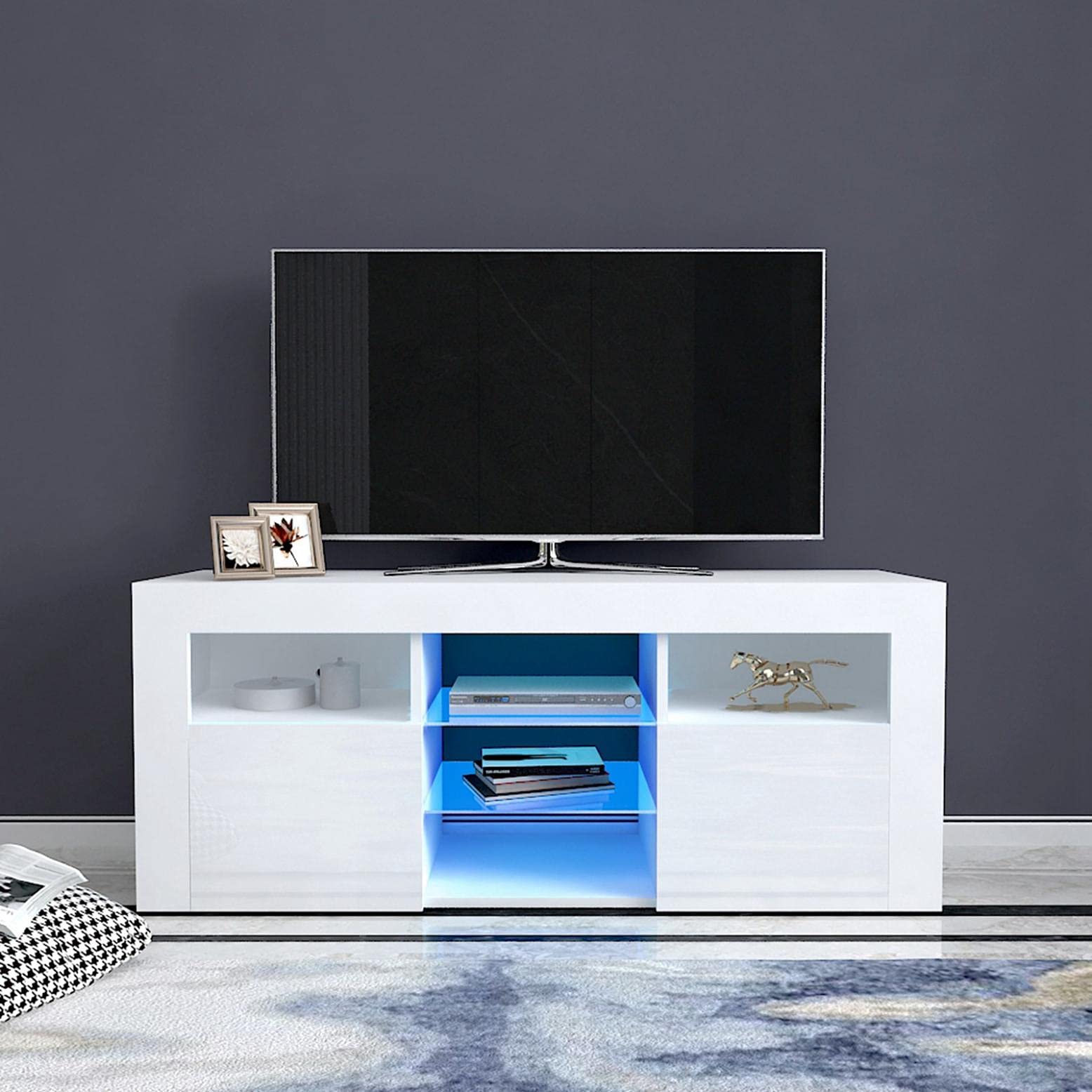 Modern LED TV Stand with Storage & Drawers - High Gloss Entertainment Center for Gaming & Movies | Universal Media Console for Living Room, Bedroom & Home Theater Setup