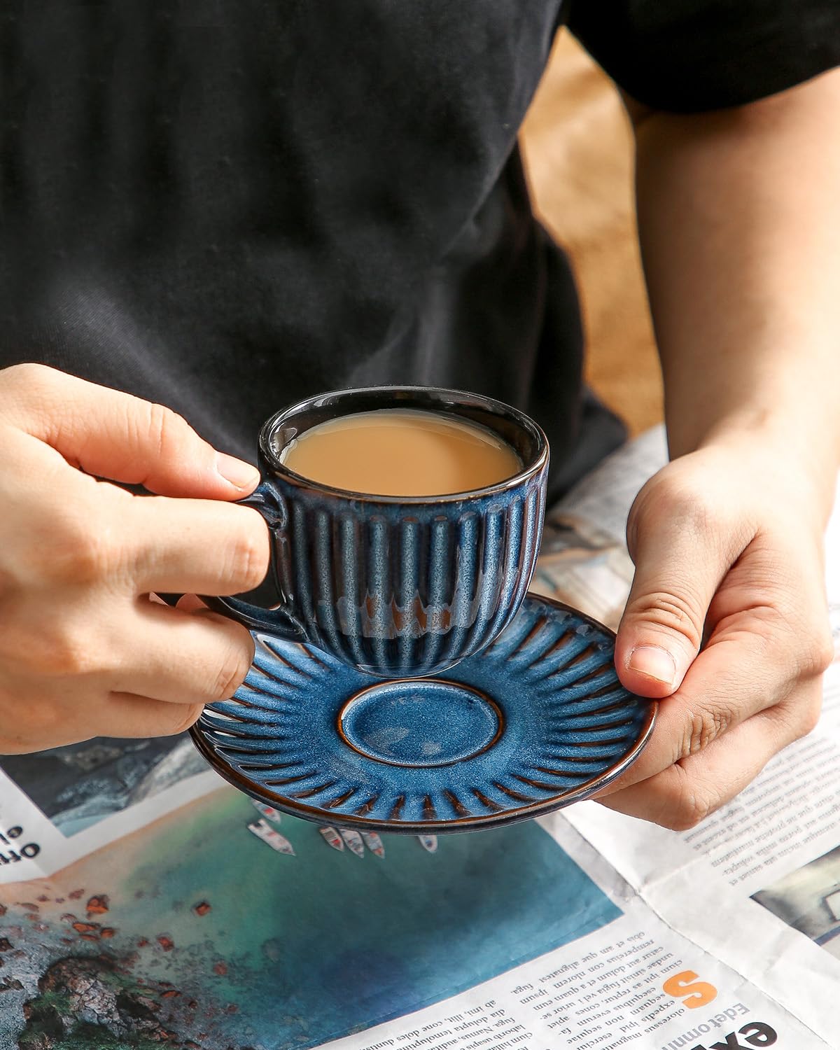 Hasense 4 Oz Ceramic Espresso Cups with Saucers Set of 4 - Ribbed Cappuccino Cups for Coffee, Latte, Macchiato & Double Shot - Aesthetic Demitasse Cup Gift Set (Blue) - Perfect for Home Cafes, Coffee Shops & Gifts