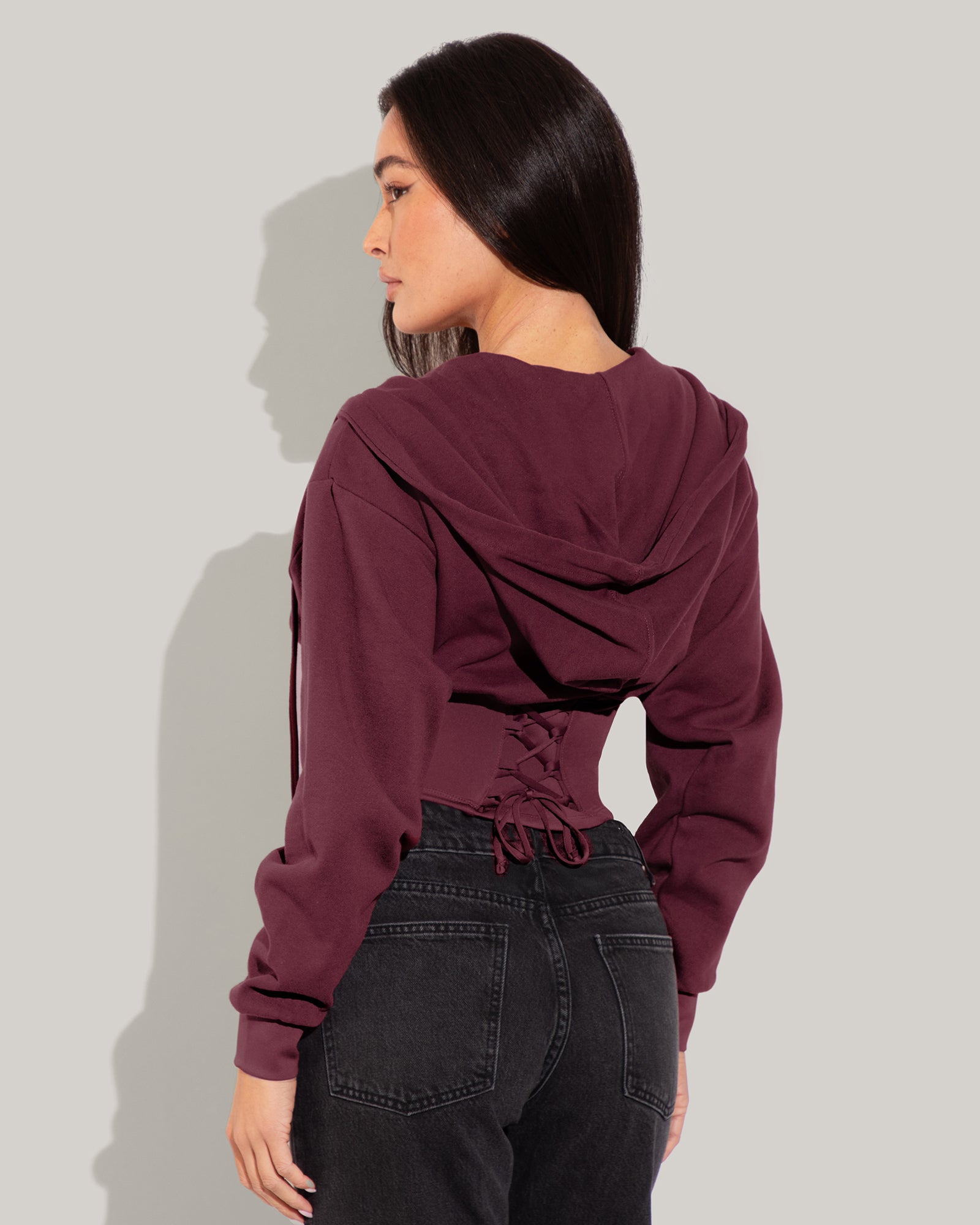 Corset Hoodie for Women - Dark Cherry Red Long Sleeve Slim Fit Zip Up Sweatshirt | Perfect for Casual Wear, Layering & Street Fashion