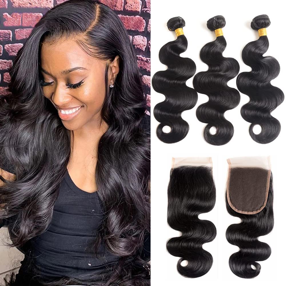 100% Unprocessed Brazilian Virgin Human Hair Bundles with 4x4 Lace Closure - Body Wave 16 18 20 Inch + Free 14 Inch (3 Bundles) - Natural Color, Free Part - Perfect for Sew-in Weaves, Wig Making & Everyday Styling