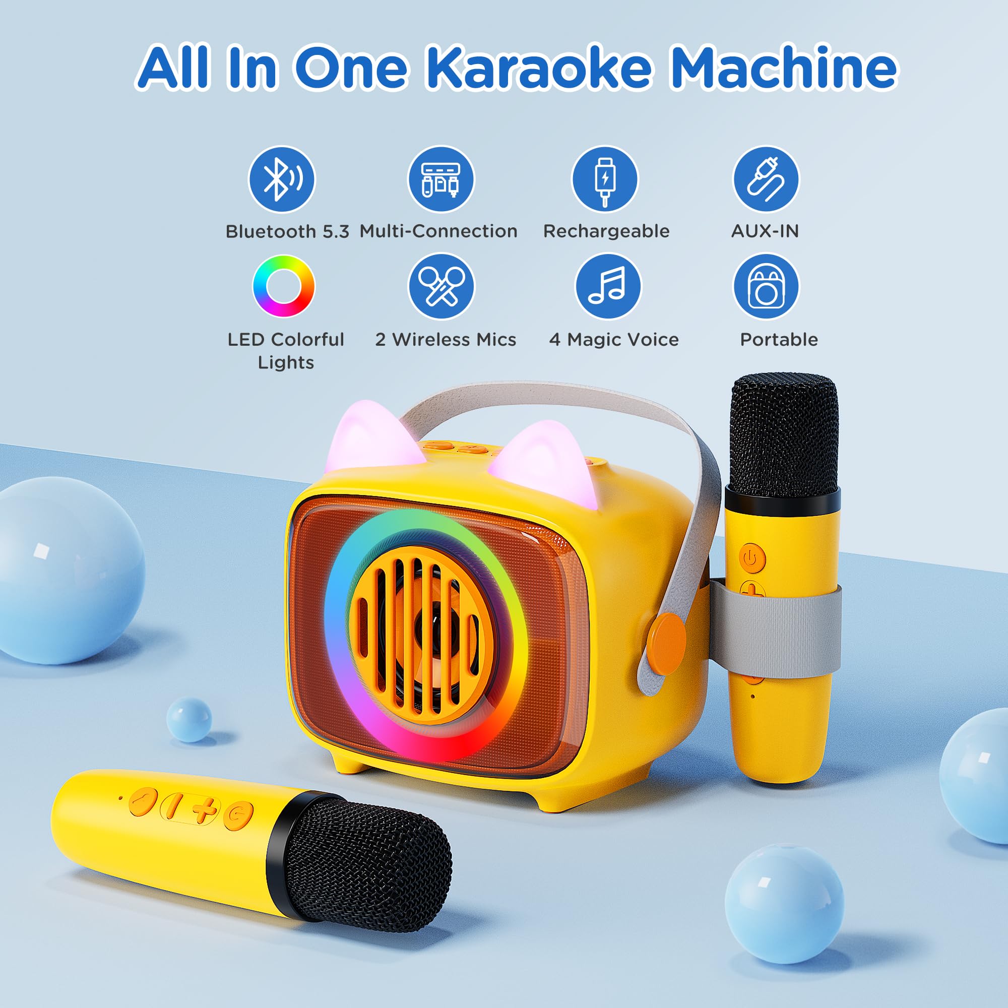 BIGASUO Portable Bluetooth Karaoke Machine for Kids with 2 Wireless Microphones & LED Lights - Mini Speaker for Home Parties, Birthday Gifts for Girls & Boys | Perfect for Singing, Dancing & Family Entertainment
