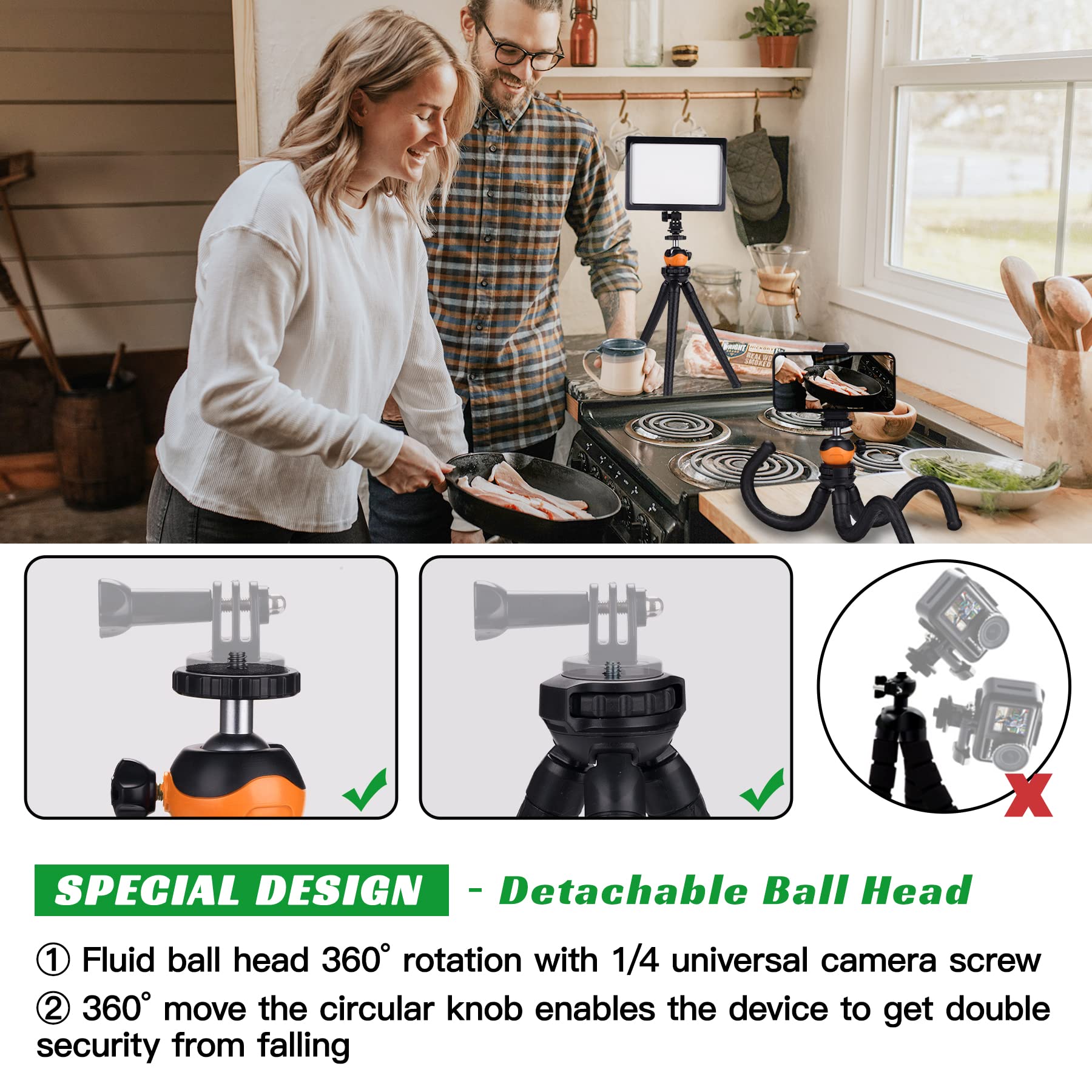 Portable Flexible Cell Phone Tripod Stand with Wireless Remote - 360° Adjustable Mini Tripod for iPhone, Android, GoPro, iPad & DSLR Cameras - Perfect for Vlogging, Live Streaming & Photography (Orange)