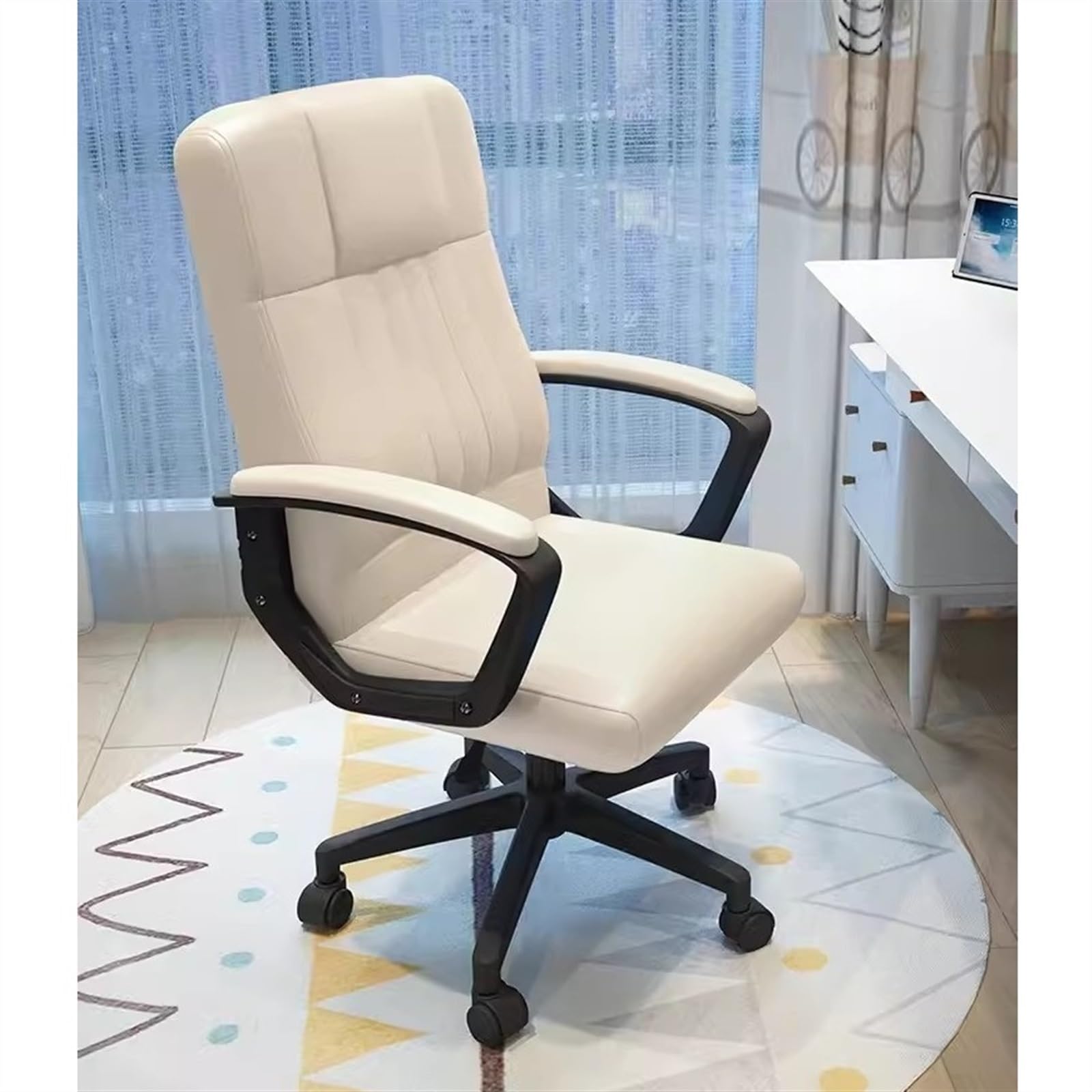 Ergonomic PU Leather Office Chair - Adjustable Height Swivel Rolling Desk Chair for Home Office, Study & Conference Room - Comfortable Work Chair for Long Hours (White) - Perfect for Remote Work & Video Meetings