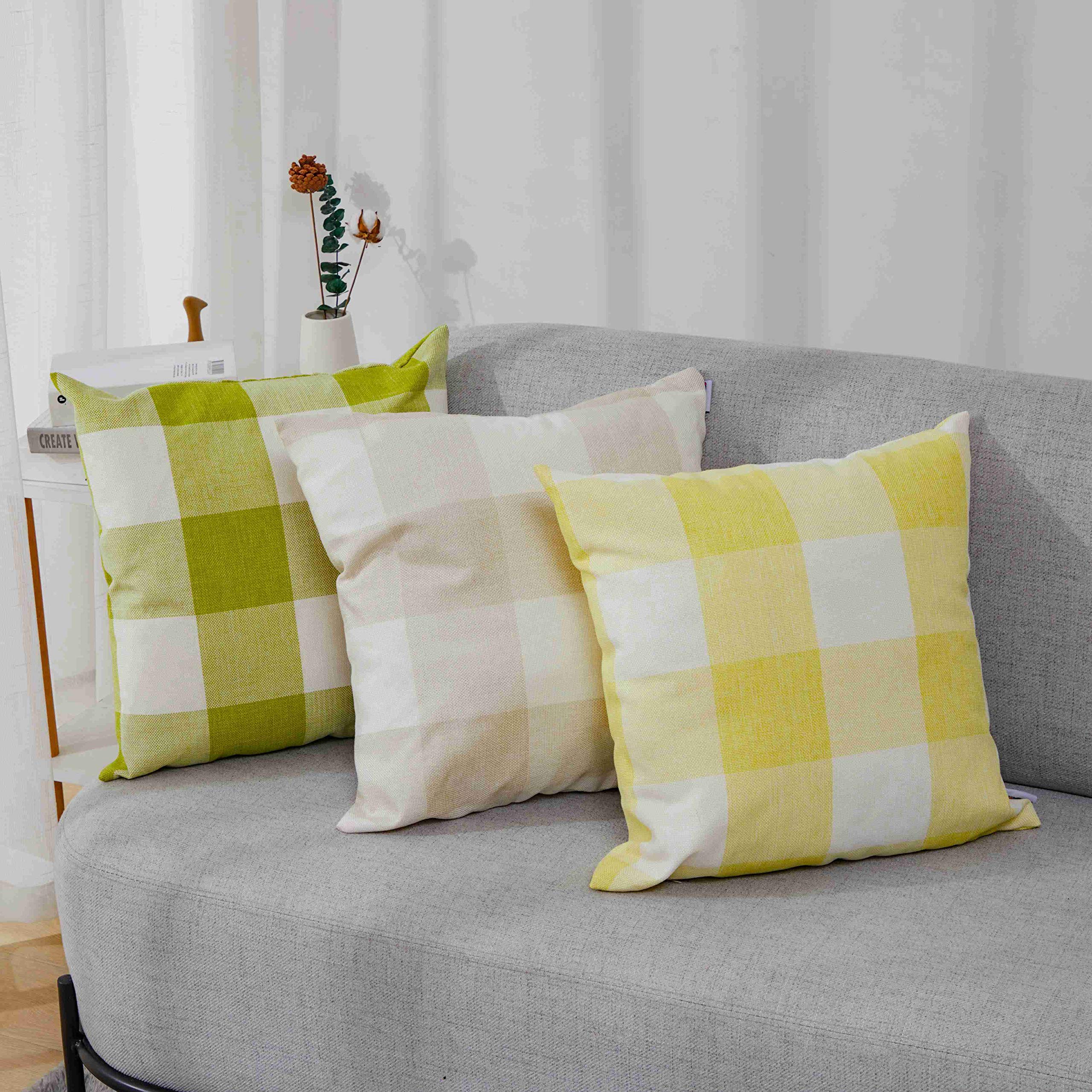 Plaid Pillow Covers 12x20 Inches - Cotton Linen Decorative Farmhouse Throw Pillow Covers for Sofa, Couch & Bed - Beige White Holiday Home Decor - Perfect for Living Room, Bedroom & Seasonal Decoration