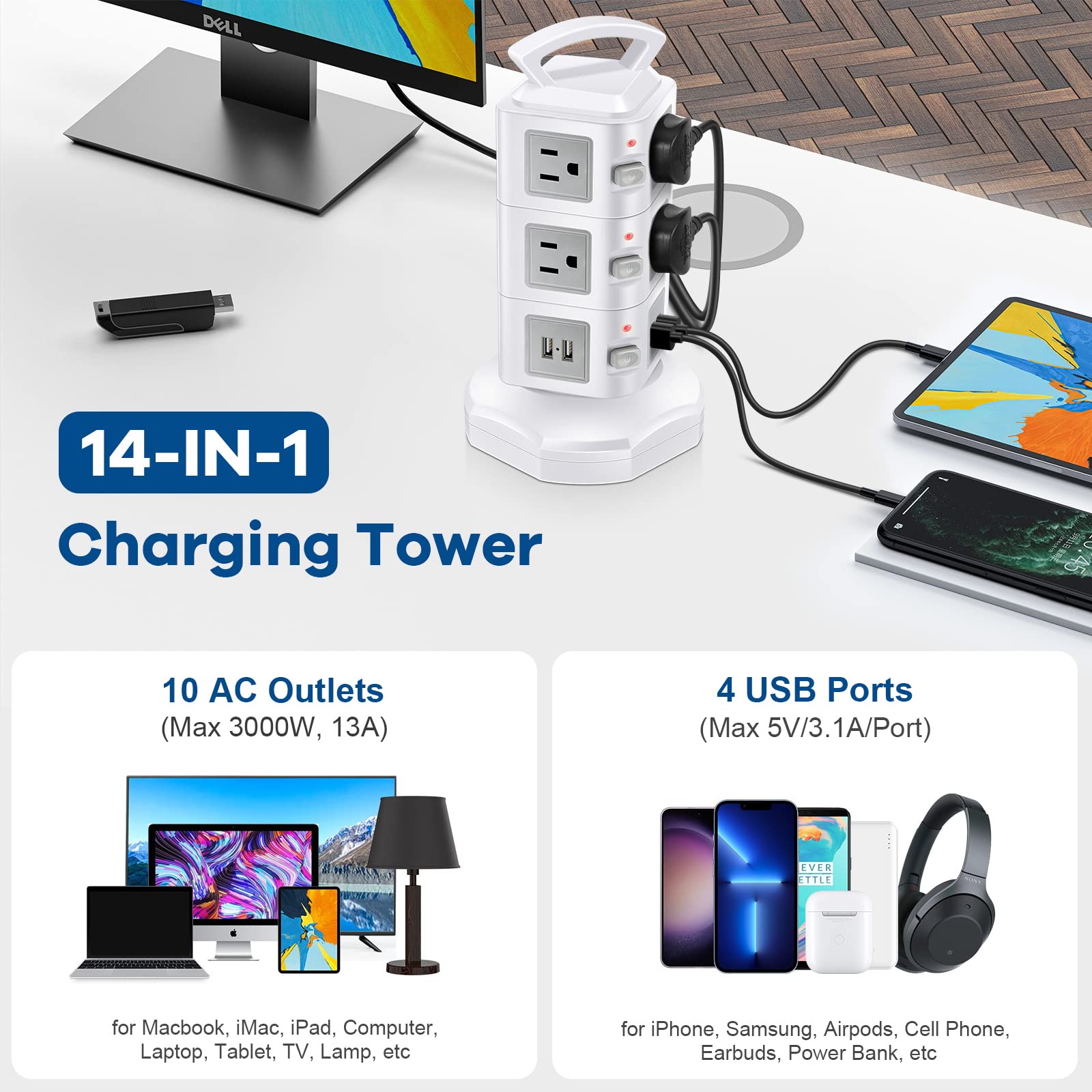 10-Outlet Power Strip with 4 USB Ports | Surge Protector for Office & Home Devices