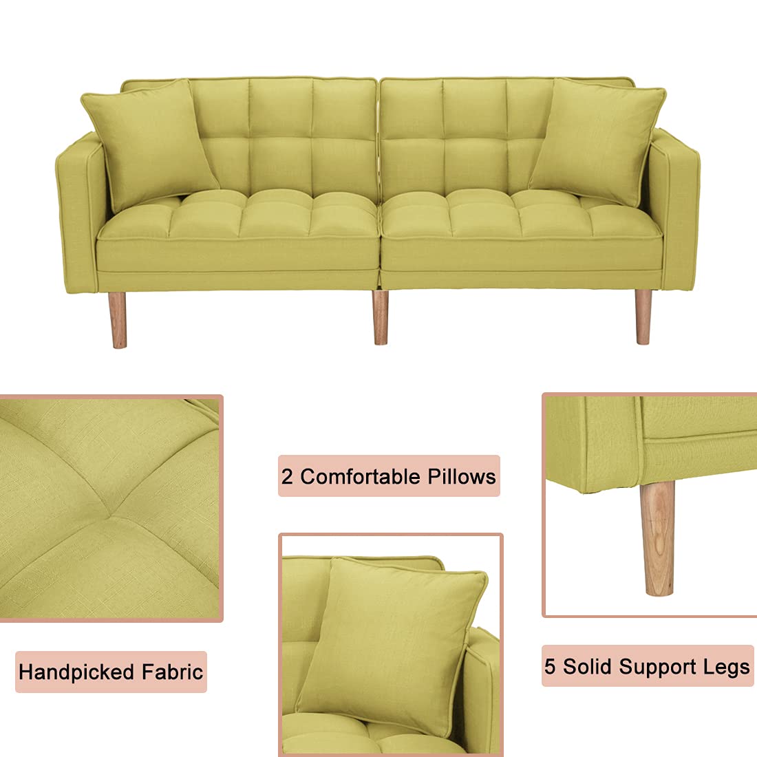 Modern Convertible Futon Sofa Bed with Armrests & 2 Pillows - Twin Size Sleeper Sofa for Living Room, Guest Room & Small Spaces - 5 Solid Wood Legs, Handpicked Yellow Fabric - Perfect for Apartments, Dorms & Home Offices