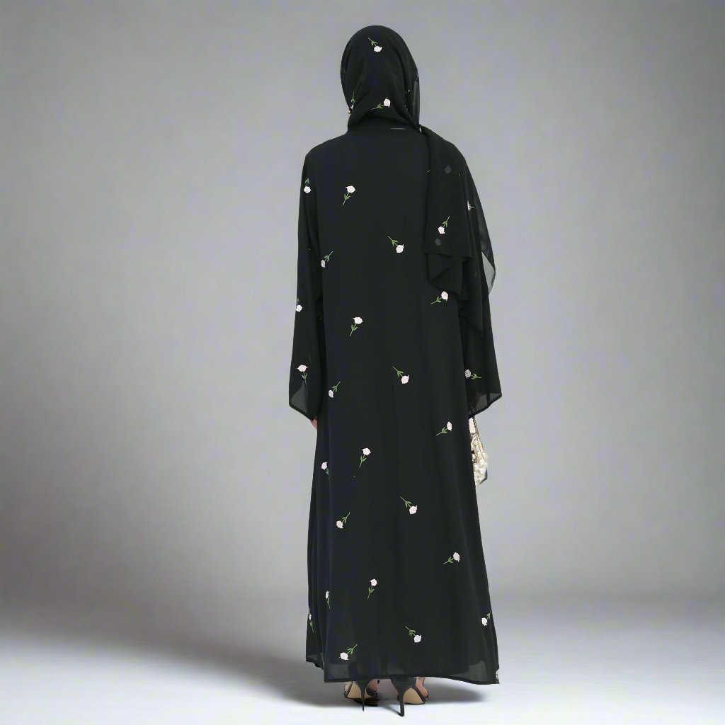Elegant Black Chiffon Open Abaya Kimono Set for Women - Modest Islamic Fashion, Perfect for Prayer, Eid, and Special Occasions