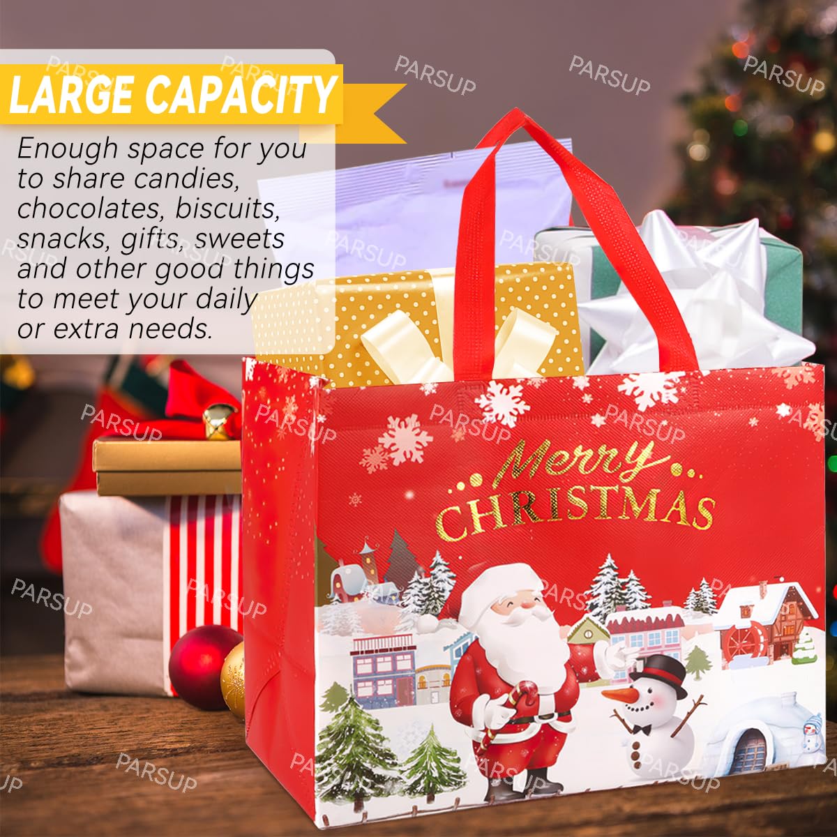 PARSUP Multifunctional Non-Woven Christmas Gift Bags with Handles - Holiday Party Favor Bags, Xmas Present Wrapping & Shopping Bags for Christmas Parties, Gift Exchanges & Holiday Decorations