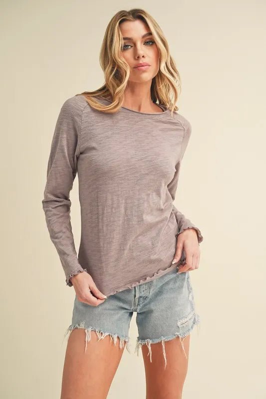 Aemi + Co Women's Lettuce Hemline Round Neck Raglan Sleeve T-Shirt | Casual Comfort Top for Everyday Wear, Lounge & Outings