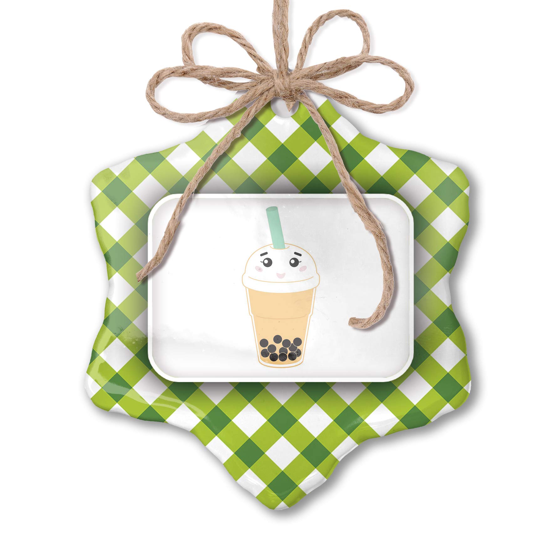 Christmas Ornament Bubble Tea - Cute Kawaii Boba Drink with Face, Japanese Green Plaid Decorations | Perfect for Holiday Tree Decor, Gift Giving & Asian-Themed Parties