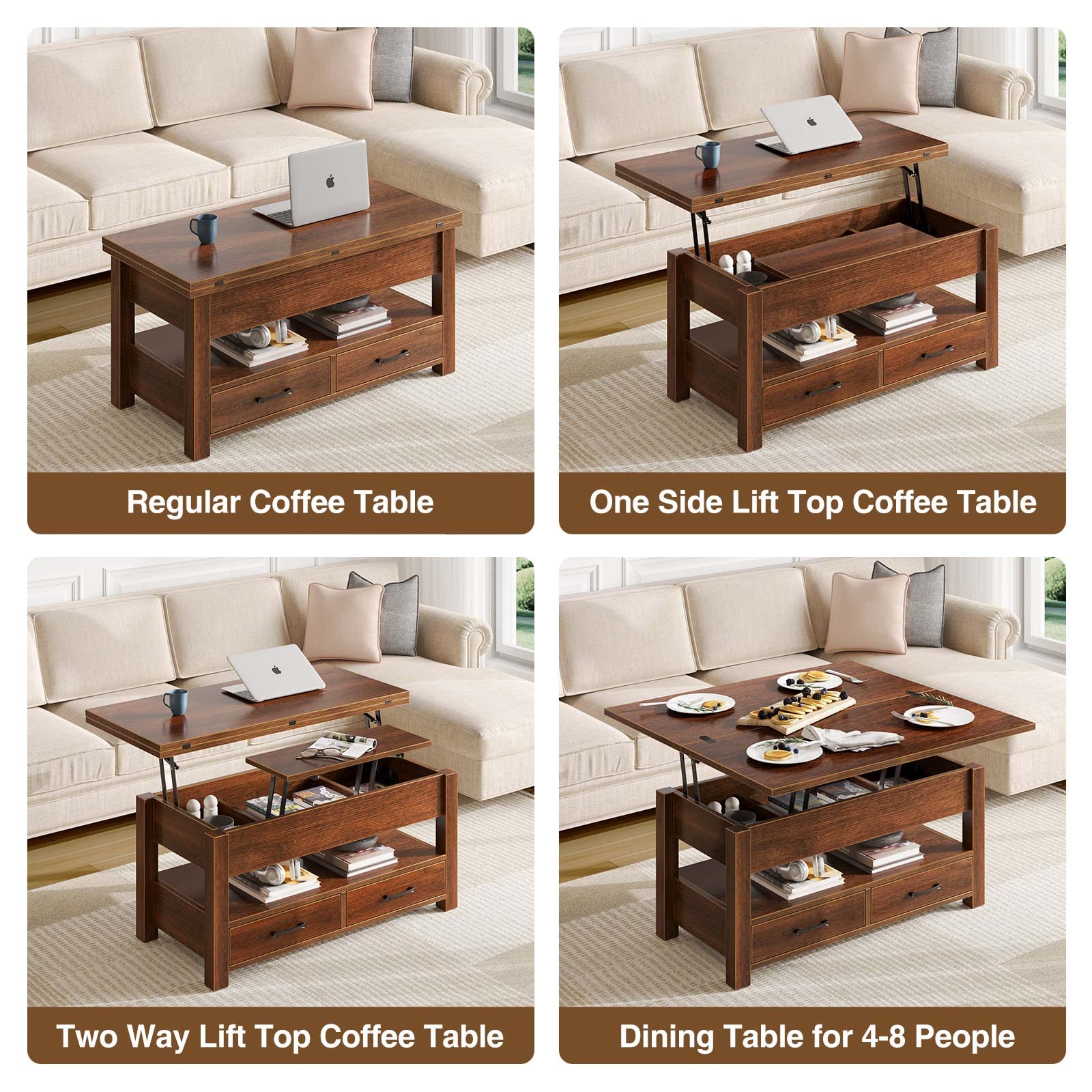 Rolanstar Lift Top Coffee Table with Drawers - Convertible Espresso Coffee to Dining Table, Multi-Function Living Room Furniture with Hidden Storage Compartment | Perfect for Small Spaces, Home Office & Entertaining Guests