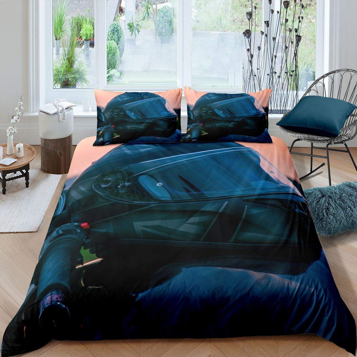 Motocross Rider Bedding Set for Kids - Extreme Sports Themed Duvet Cover with Motorcycle Helmet Design - Twin Size Bedspread & Pillowcase (2Pcs) - Perfect for Boys & Girls Bedroom Decor, Dirt Bike & Motorbike Theme - Ideal for Kids' Rooms, Teen Bedrooms & Sports Themed Decor