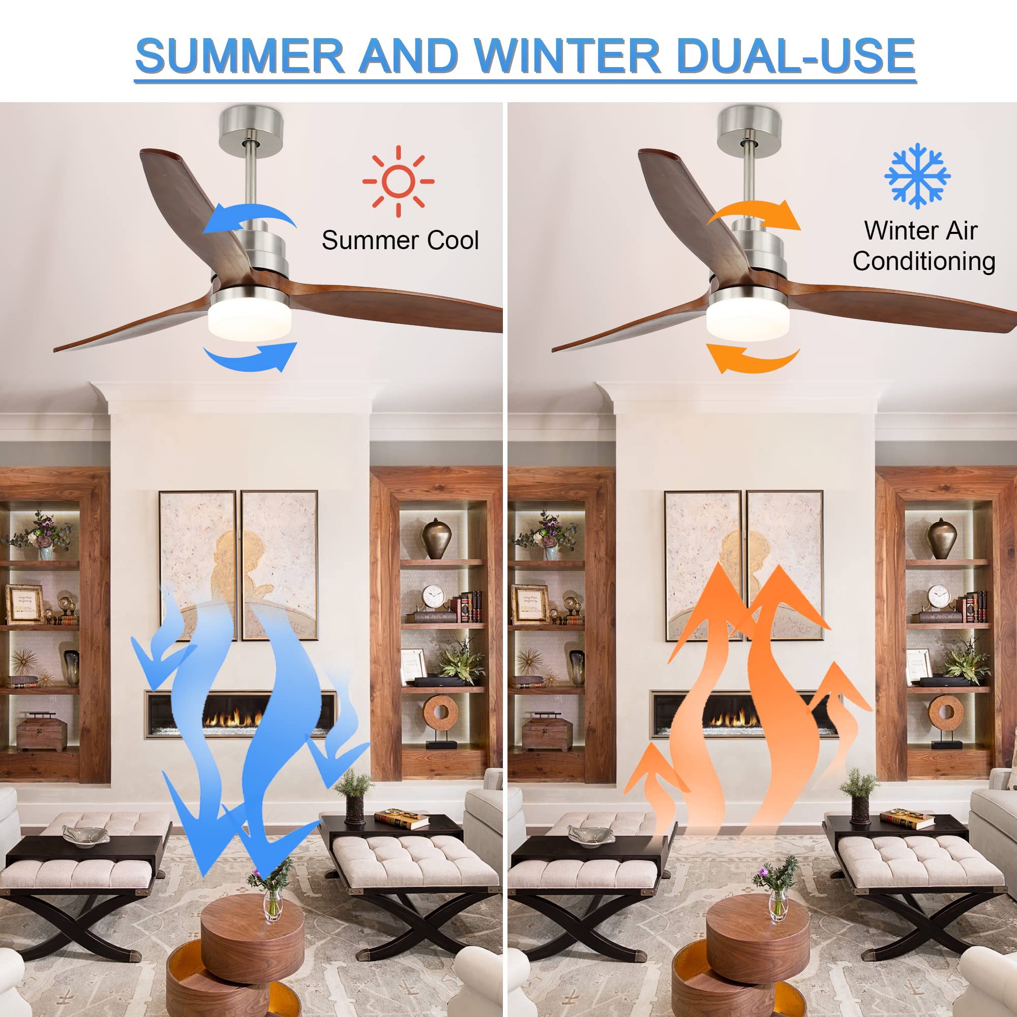 Bella Depot 52 Inch Wood Ceiling Fan with Lights and Remote Control - 3 Solid Wood Blades, 6-Speed DC Motor, Dimmable & Reversible with Timer - Perfect for Living Room, Bedroom, and Outdoor Covered Patio
