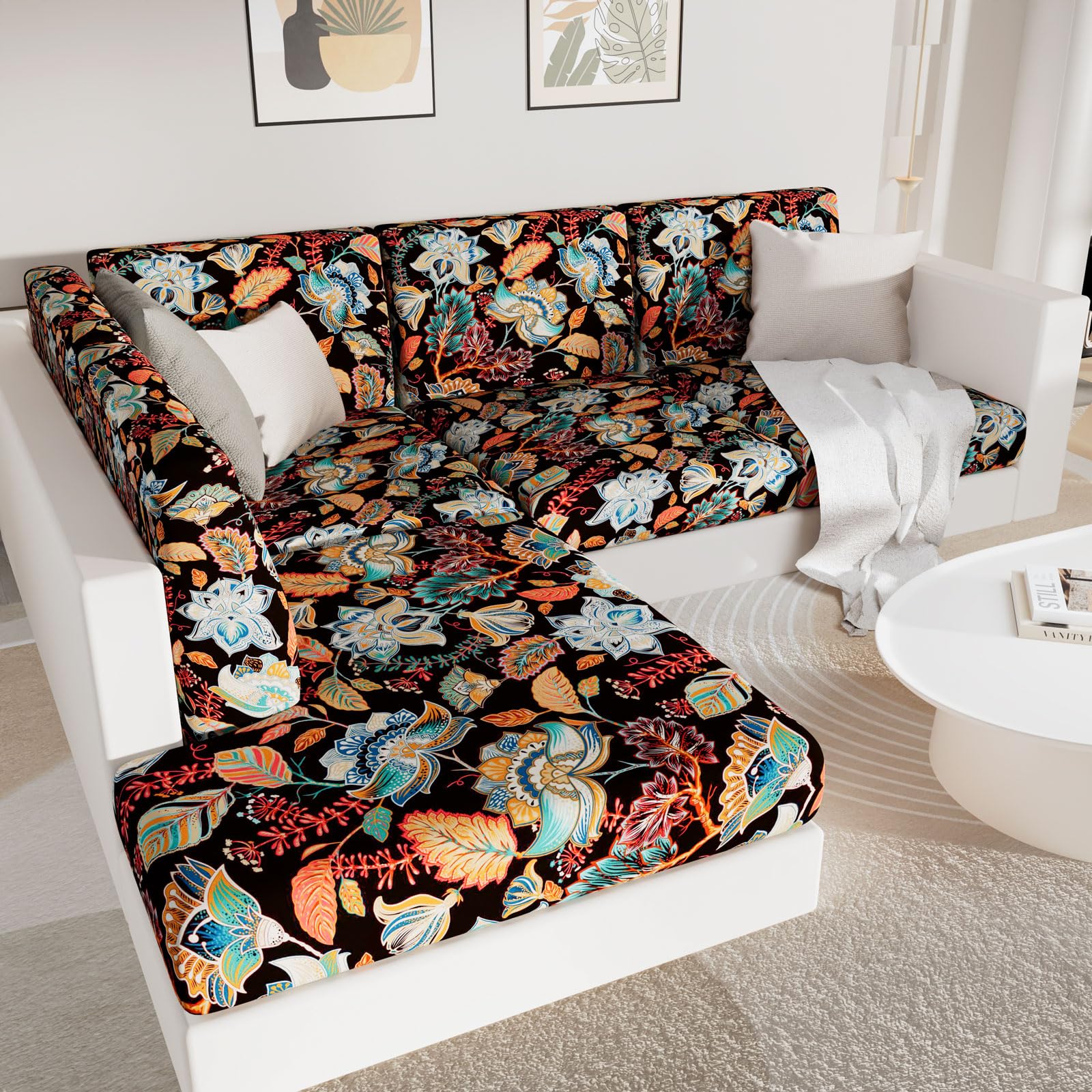 HYHA Floral Printed Stretch Sofa Cushion Covers - Washable Elastic Slipcovers for 2-Seater Couches (Medium Size) | Home Decor, Living Room Upgrade, Furniture Protection