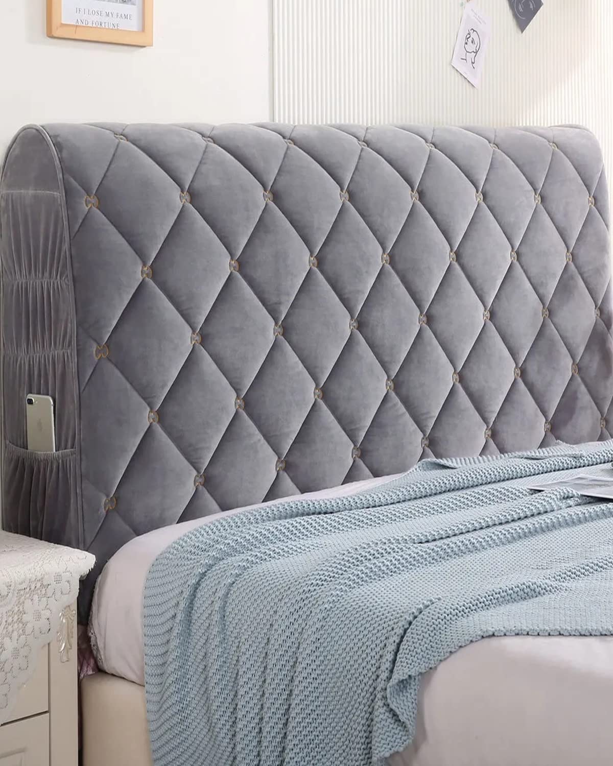 JLKC Plush Washable Headboard Cover - Velvet Dust Protective Slipcover for Twin, Full, Queen & King Size Beds | Decorative Embroidery Design | Perfect for Bedroom, Guest Room & Hotel Decor