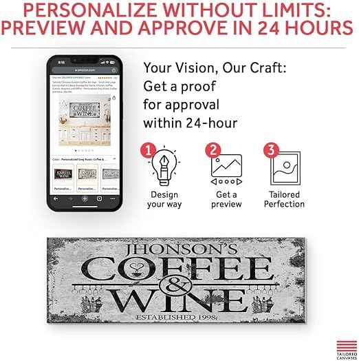 Custom Coffee Bar Sign - Personalized Grey Rustic Coffee & Wine Wall Art (48x16in) | Small & Large Canvas Decor for Home, Kitchen, Coffee Station, Office & Business | Perfect for Farmhouse, Cafe & Bar Decor