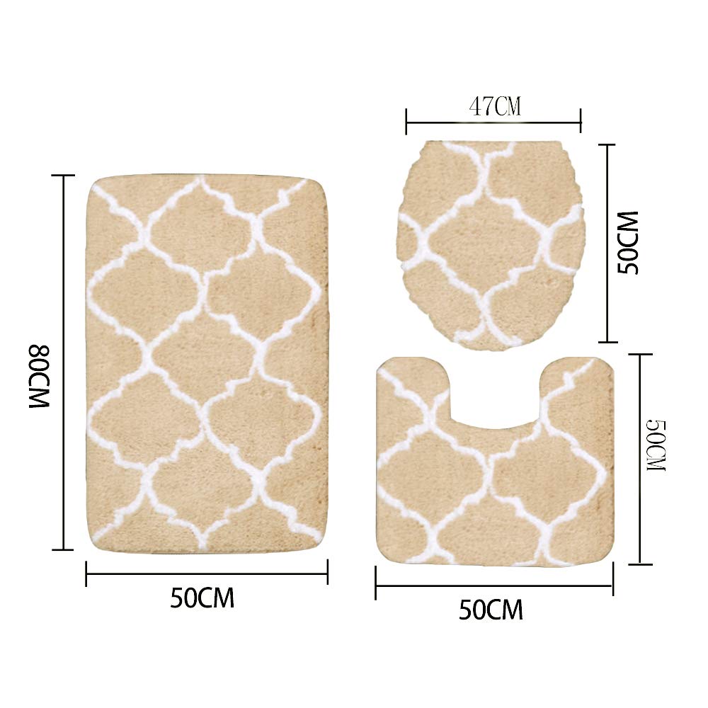 Non-Slip Bathroom Rug Set 3-Piece - Soft Absorbent Cotton Toilet Floor Mats for Shower, Bathroom & Living Room - Home Decor (Beige & White) | Perfect for Wet Areas & Cozy Home Accents