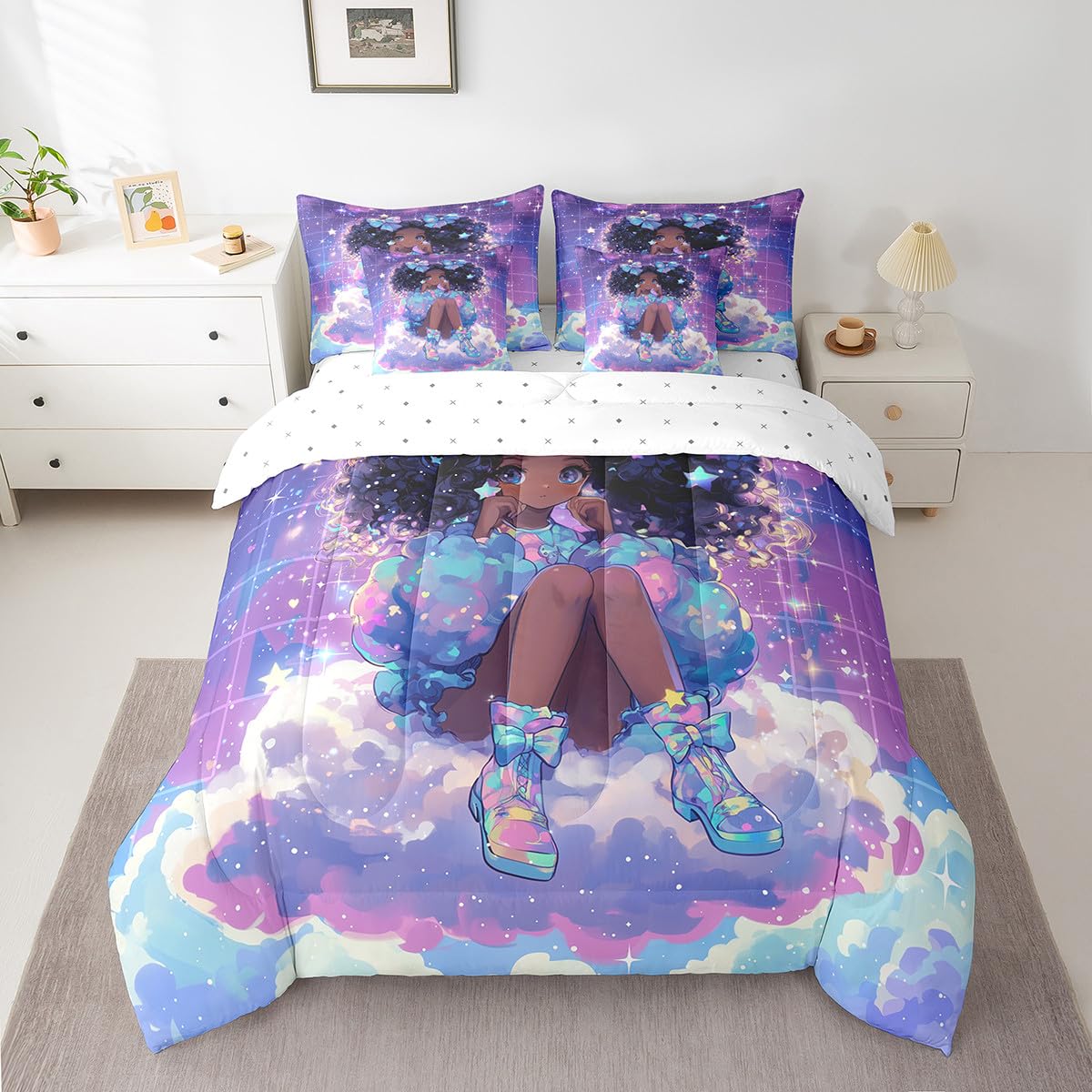 Dreamy Galaxy Sky Clouds 7-Piece Queen Bedding Set - Comforter, Sheets & Pillowcases | Soft Warm Microfiber Bed in a Bag with Colorful Stars | Perfect for Teen Girls' Room, Dorm Decor & Cozy Sleep