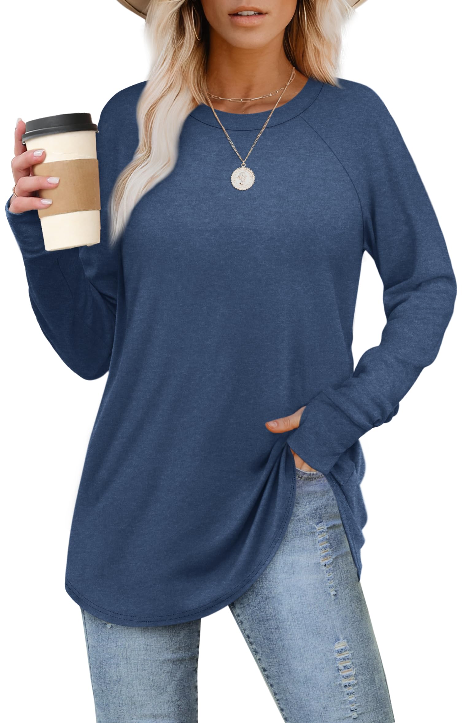 Aokosor Women's Loose Fit Tunic Tops with Thumbholes - Casual Long Sleeve Sweatshirts for Leggings & Layering