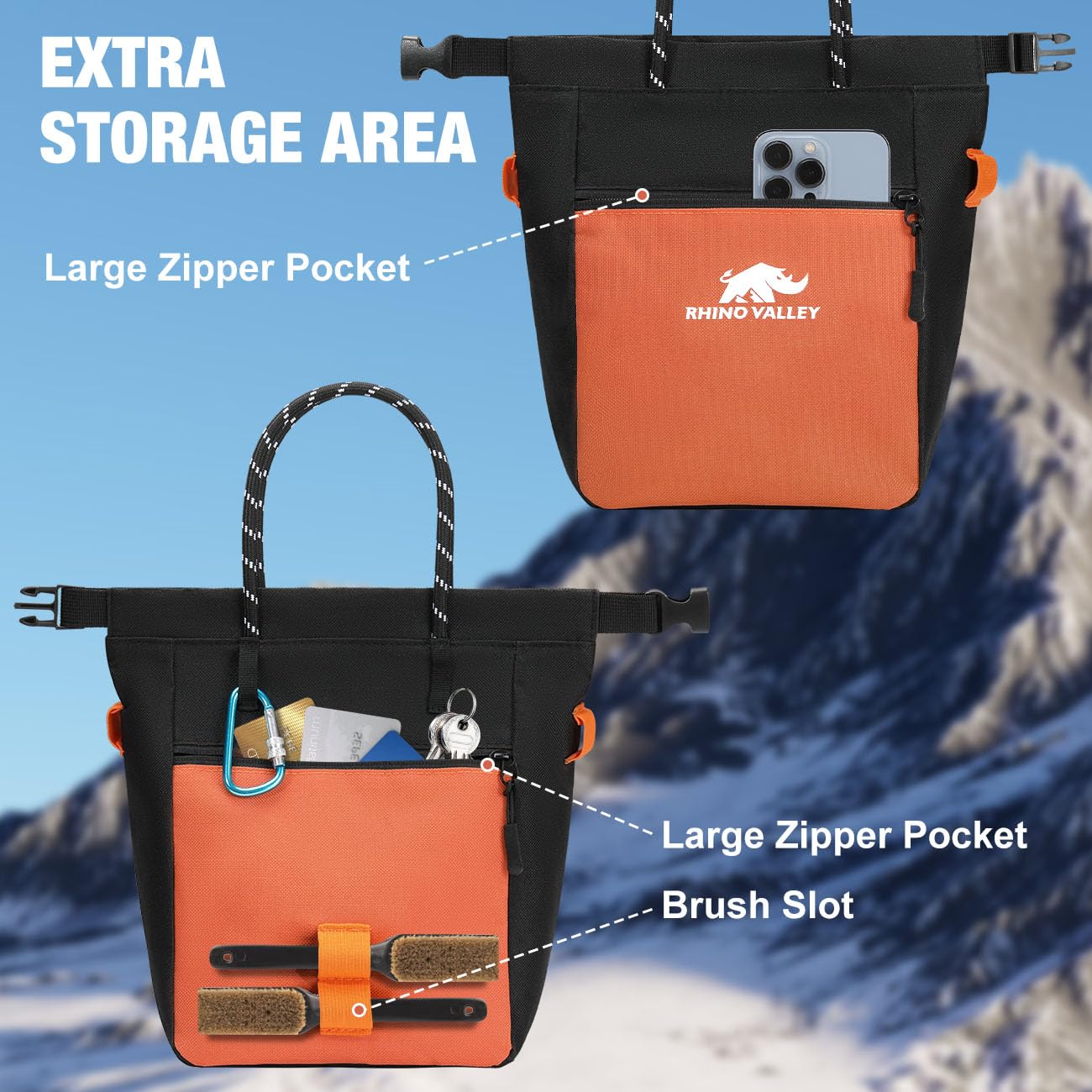 Rhino Valley No Leak Magnetic Chalk Bag for Rock Climbing & Weightlifting - Adjustable Belt, Zipper Pockets & Handle - Perfect for CrossFit, Bouldering & Gym Training
