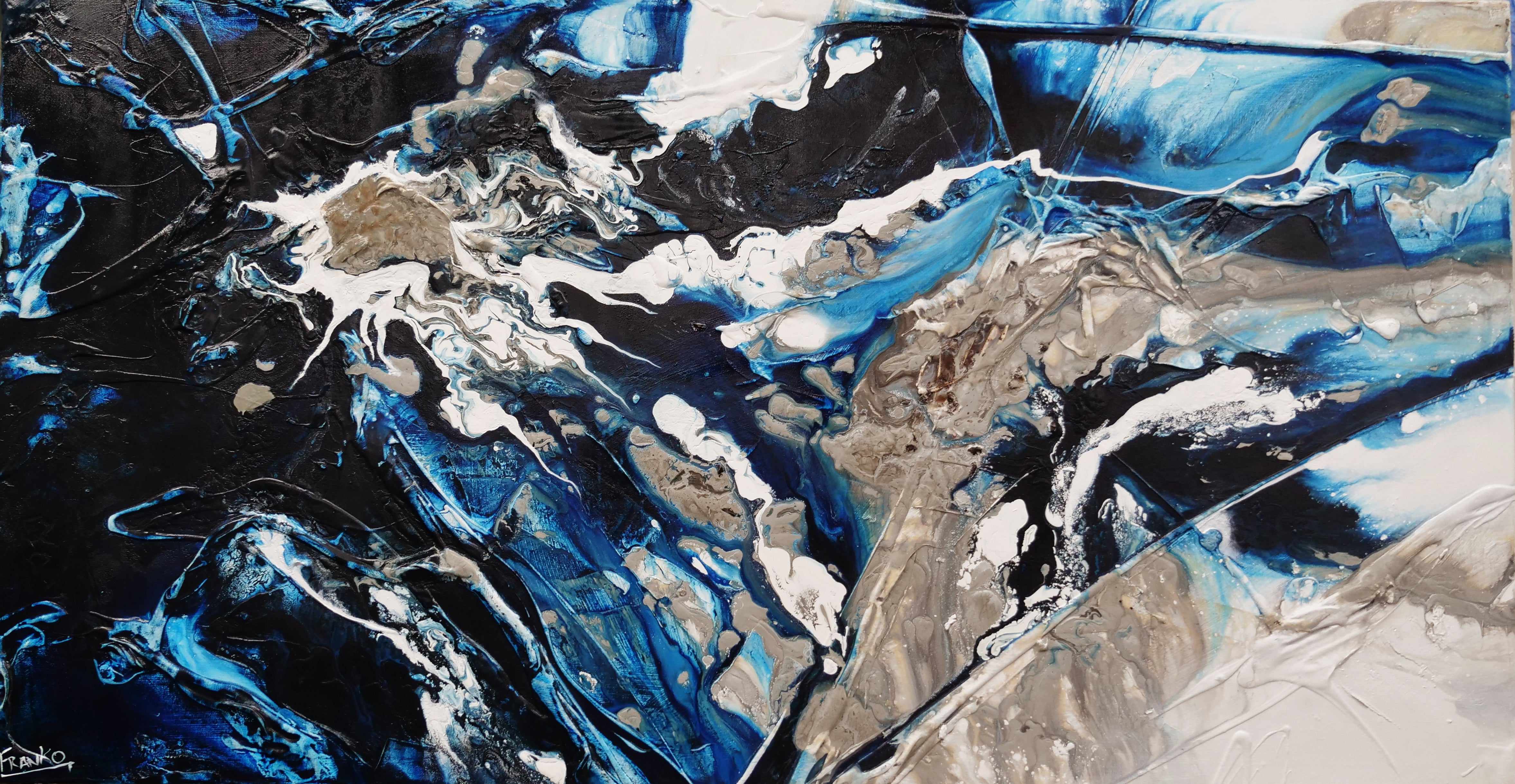 Midnight Flow 190cm x 100cm Black Blue Grey Textured Abstract Canvas Art - Modern Wall Decor for Living Room, Bedroom & Office