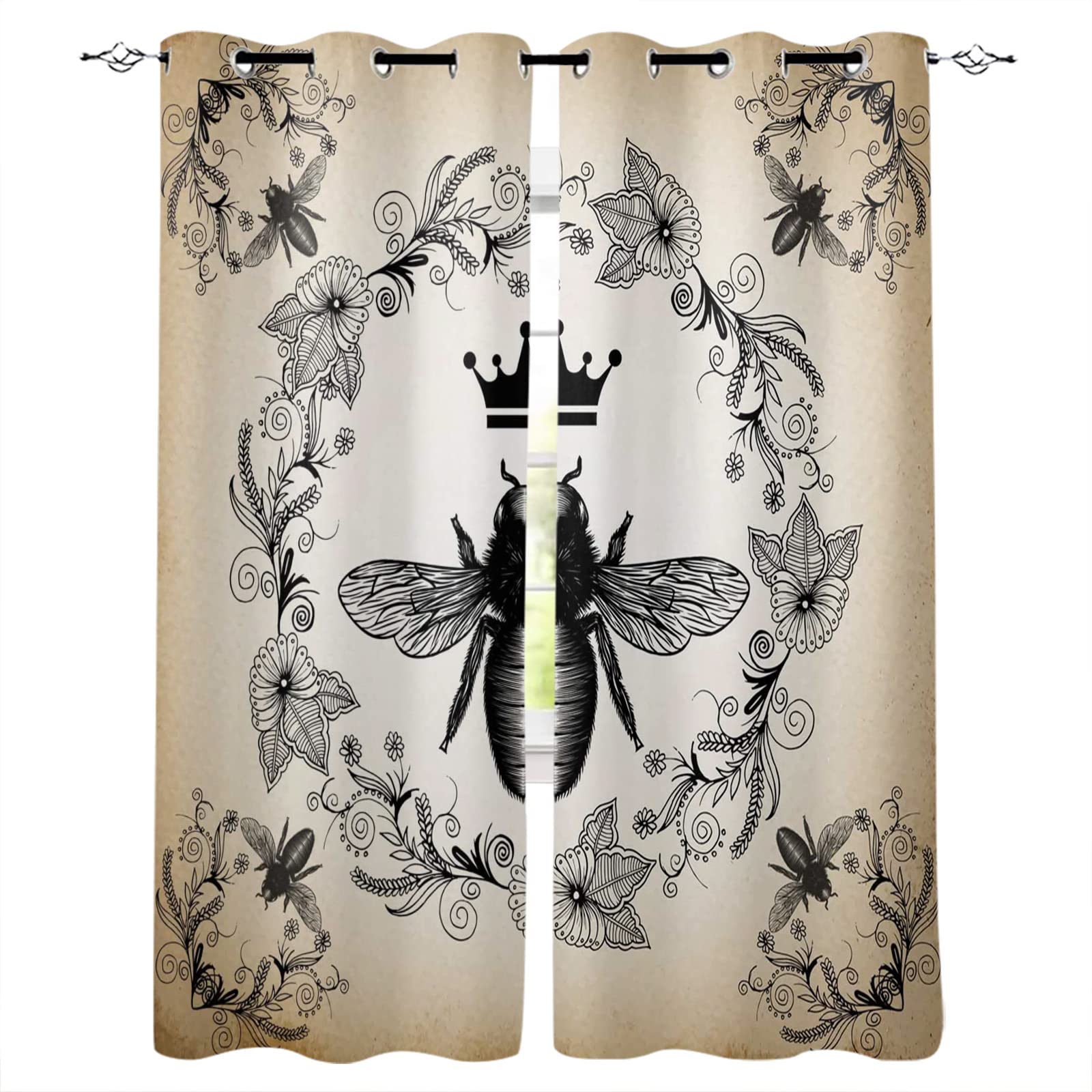 Vintage Floral 3D Printed Blackout Curtains - Thermal Insulated Window Drapes with Bee & Wreath Design for Living Room, Bedroom, Kitchen - 55