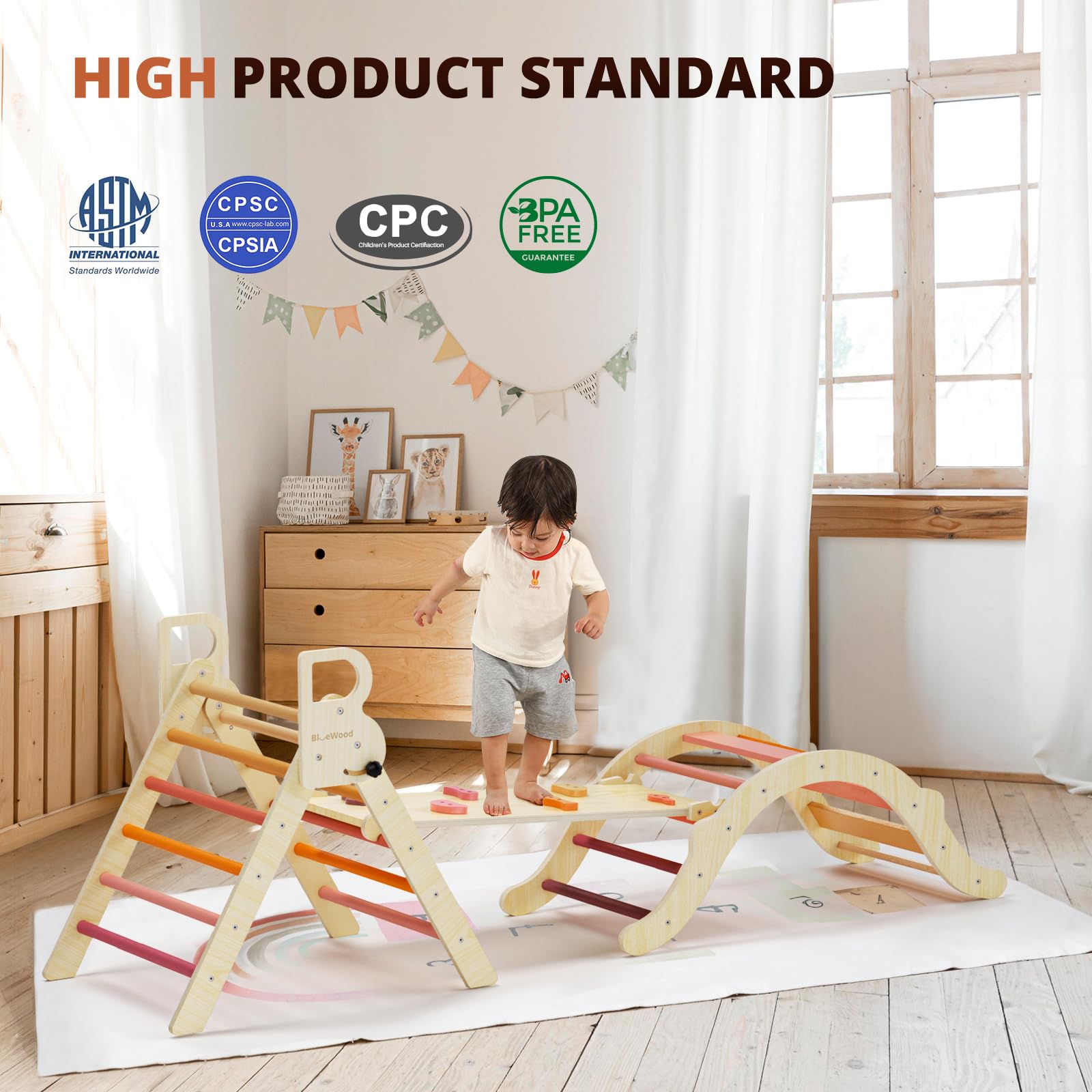 BlueWood Pikler Triangle Set - 7-in-1 Foldable Wooden Climbing Gym for Toddlers | Montessori-Inspired Indoor Play Equipment with Arch, Ramp & Ladder | Perfect for Home Playrooms, Daycares & Montessori Classrooms (Farm Charm Autumn Design)