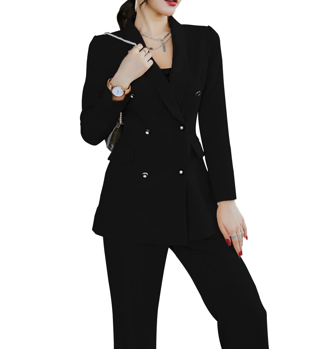 Professional Women's 2-Piece Office Suit Set - Double-Breasted Blazer with Pants & Shawl Lapel | Business Attire for Work, Meetings & Formal Events