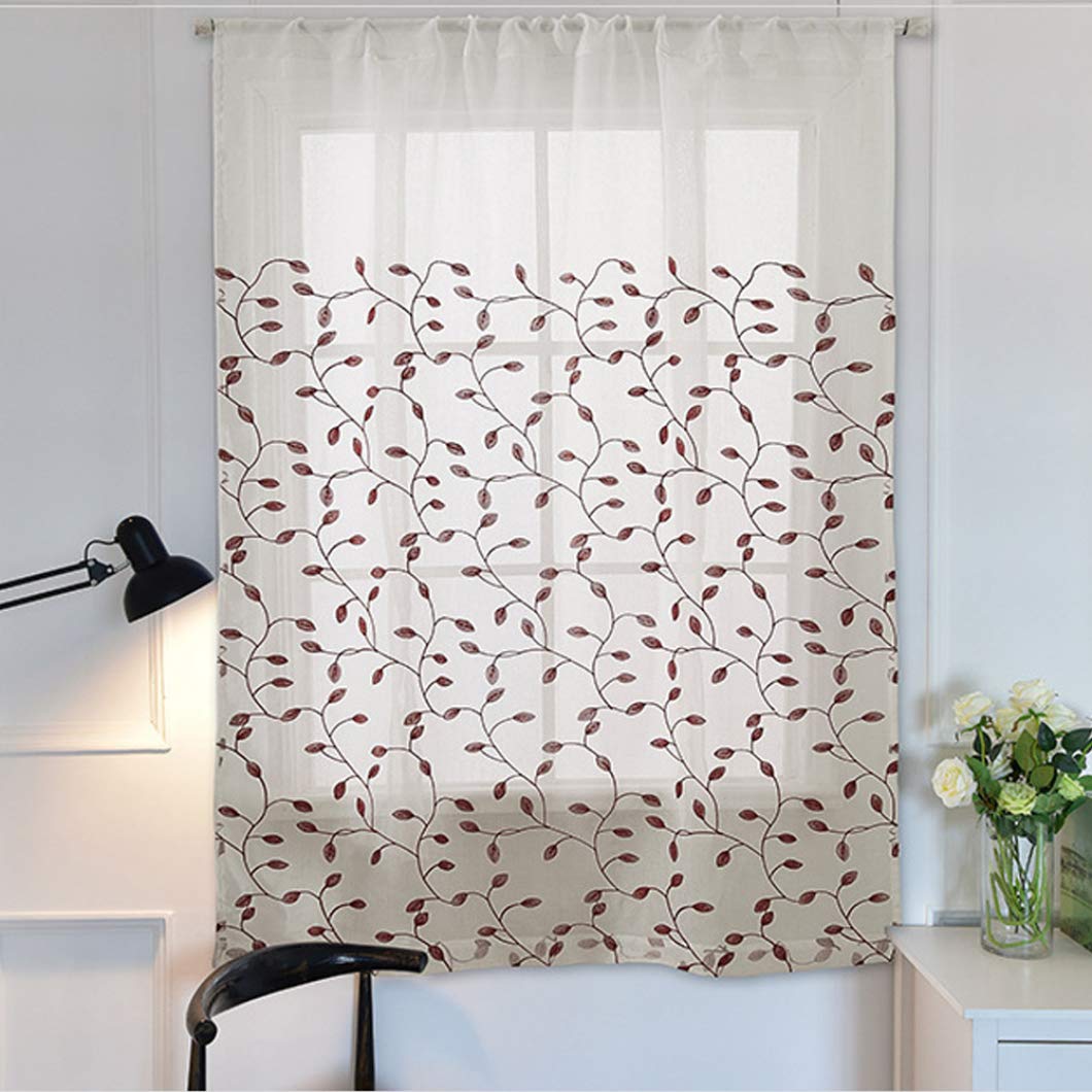 Exquisite Leaf Embroidered Balloon Shades - Rod Pocket Tie-Up Sheer Curtains for Living Room, Kitchen, Bedroom & Dining Room Window Decoration