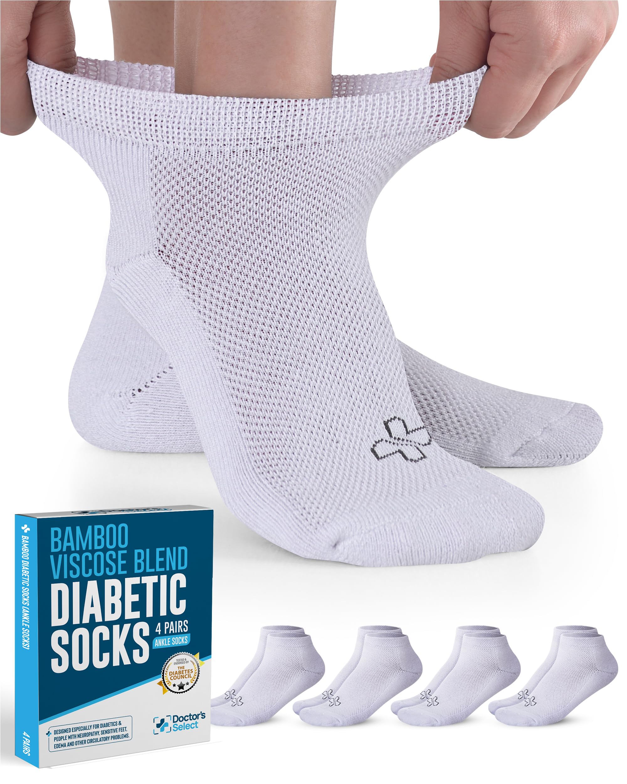 Doctor's Select Bamboo Viscose Diabetic Socks for Women & Men - 4 Pairs Low Cut Moisture-Wicking Loose Fit Ankle Socks | Ideal for Diabetes, Circulation Issues & All-Day Comfort