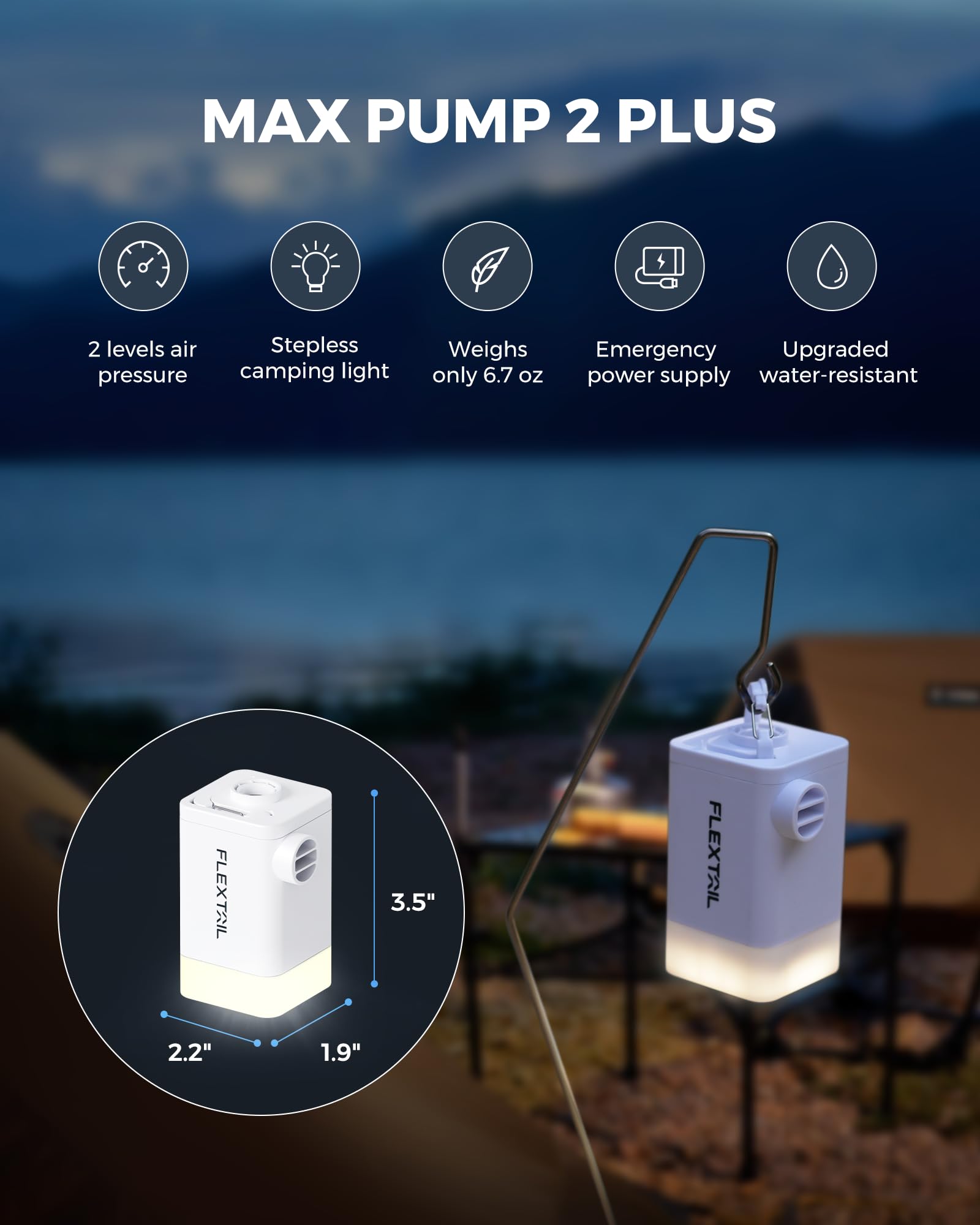 Portable Rechargeable Air Pump for Inflatables - EPS Function, Built-in Camping Lantern - Perfect for Air Mattresses, Pool Floats, Inflatable Toys & Outdoor Camping Gear | Ideal for Camping Trips, Beach Vacations & Home Use