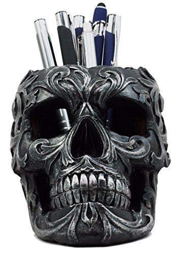 Tribal Tattoo Floral Skull Pen Holder - 5.75 Inch Gothic Office Decor for Desk Organization | Unique Gift for Collectors & Skull Enthusiasts | Perfect for Home, Office, or Studio Workspace