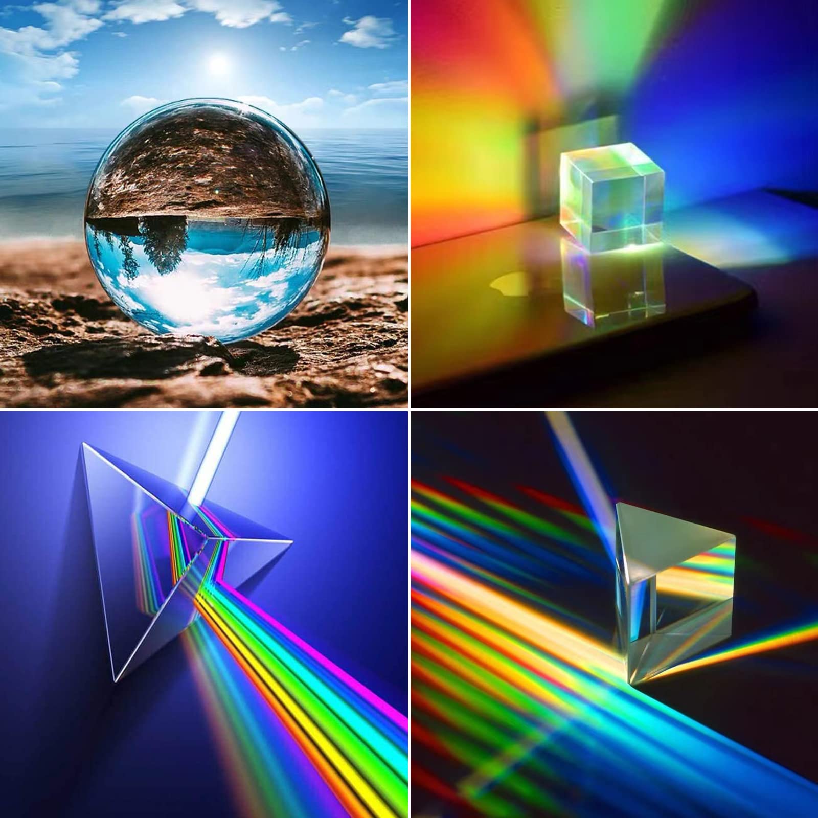 4 Pack K9 Optical Crystal Prism Set - 55mm Crystal Ball, 50mm Cube, 50mm Triangular Prism & 60mm Pyramid for Science Experiments, Photography Lighting Effects & STEM Education - Perfect for Classroom, Studio & Creative Play