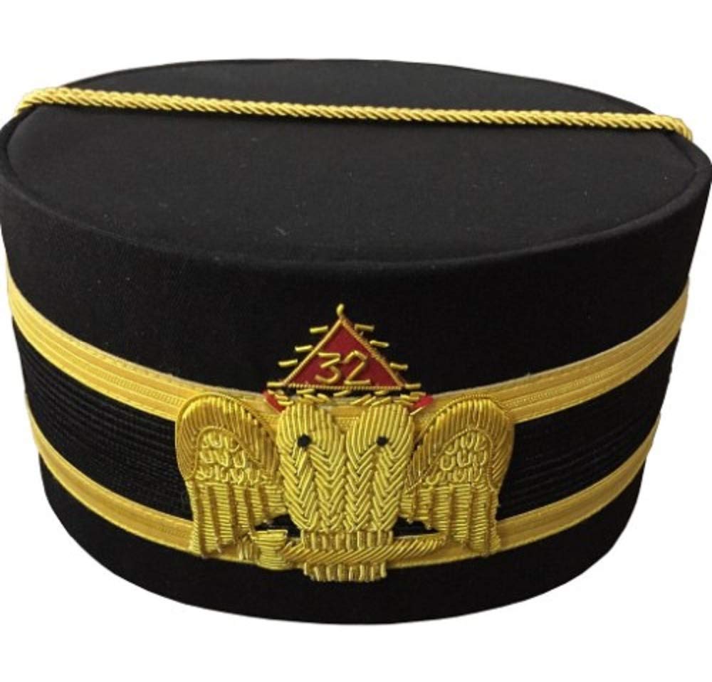 32nd Degree Scottish Rite Black Cap with Wings Down Bullion Hand Embroidery - Perfect for Masonic Ceremonies & Formal Events